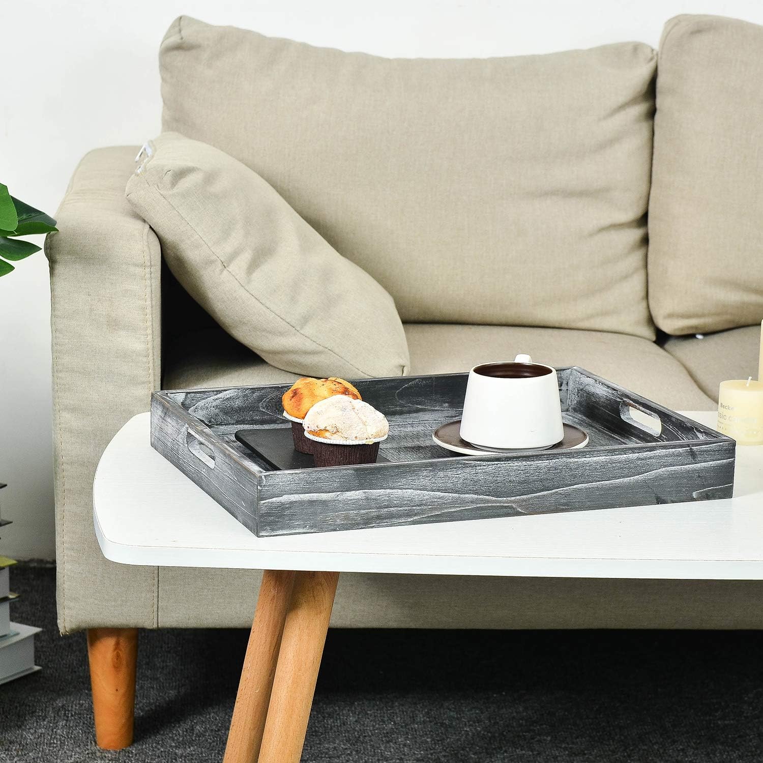 Rustic Distressed Wood Food Breakfast Serving Tray Octagon Serving Tray in Bed with Cutout Carrying Handles Coffee Office Desktop Document Holder Home Kitchen (Grey) - Image 5