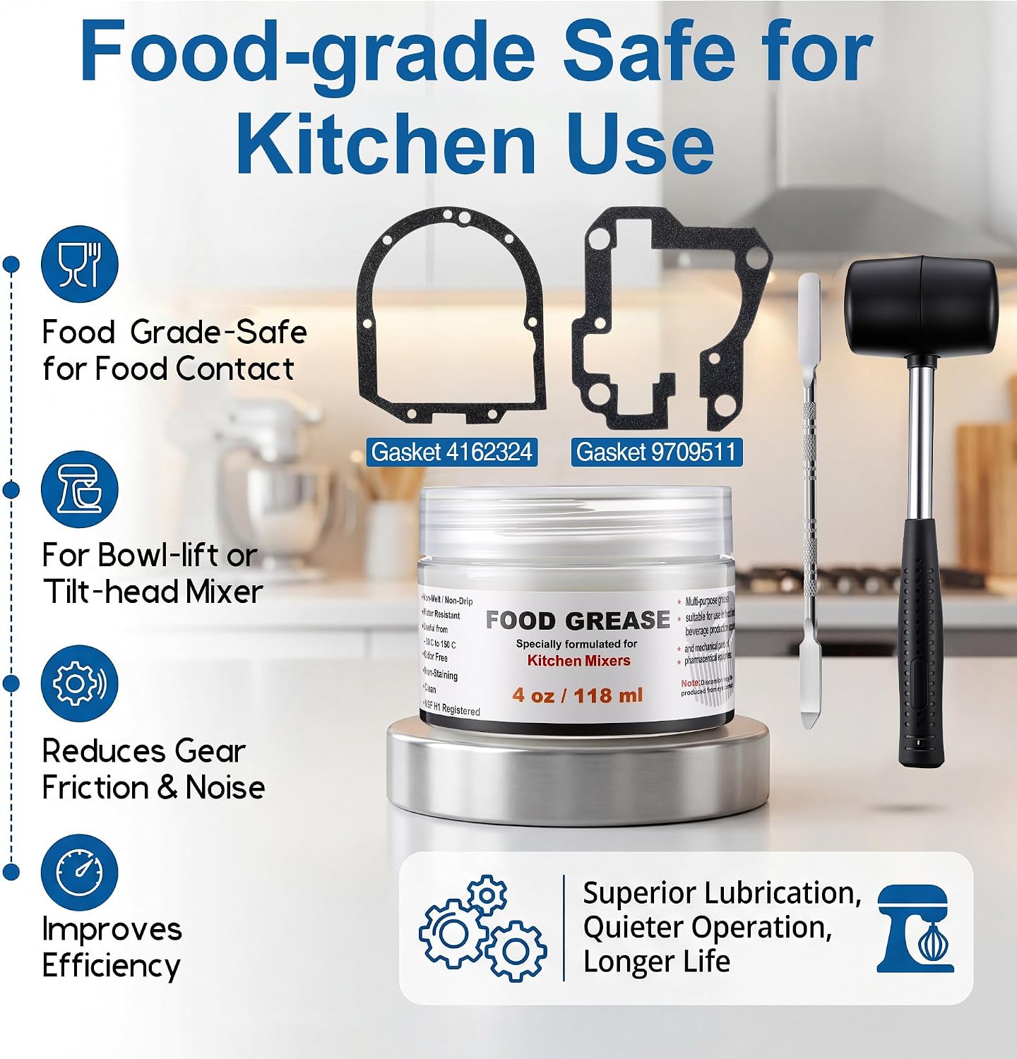 Dreyoo 4 oz Food Grade Grease Kit Compatible with Kitchenaid Mixer, Re-greasing Kit, Compatible with Bowl-Lift or Tilt-Head Mixer(9709511 4162324 Gasket)
