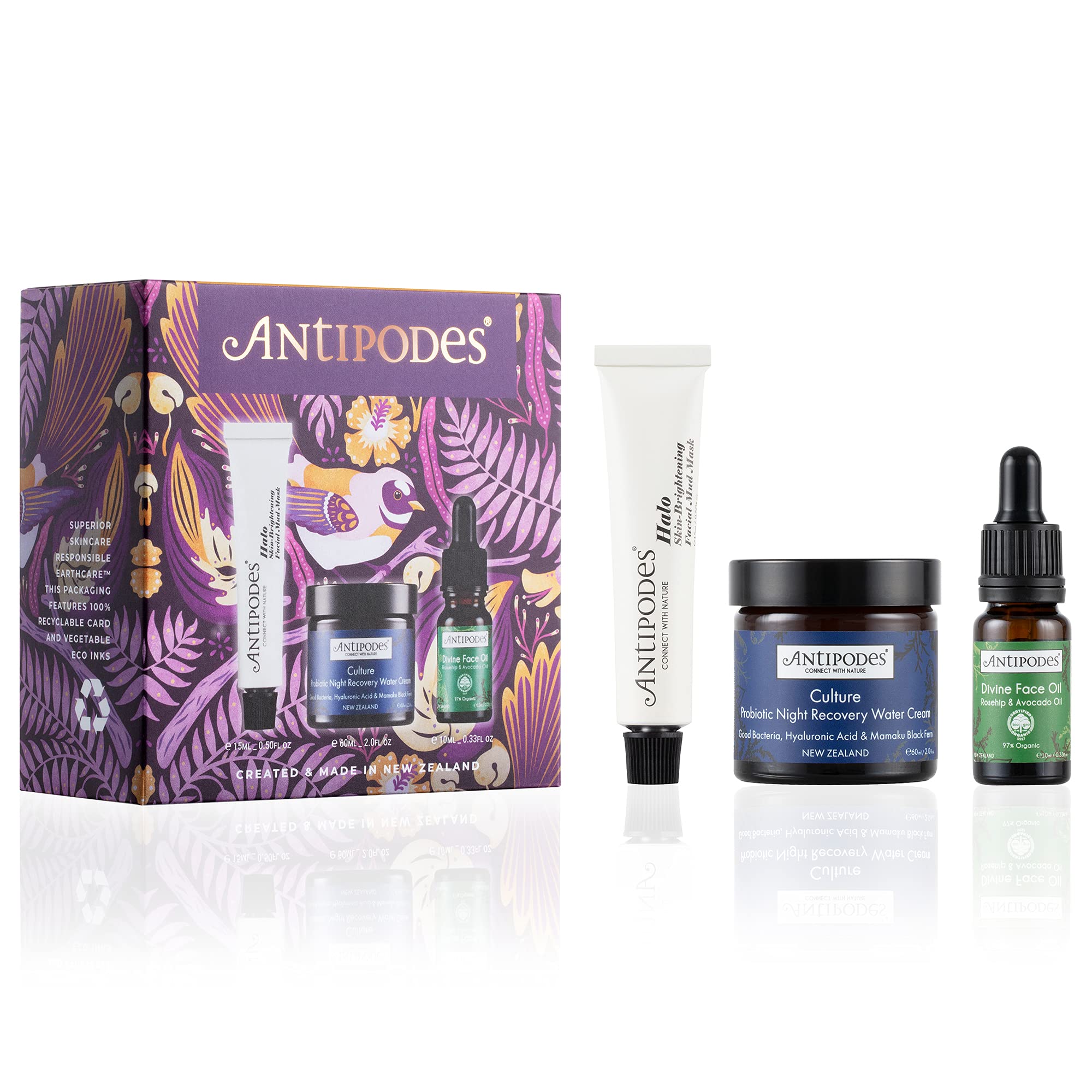 Antipodes Healthier Skin Heroes Skin Care Gift Set – Dehydrated Skin Face Oil 10ml – Hyaluronic Acid Moisturiser 60ml – Brightening Vegan Face Mask 15ml – Blemished Skin, Acne-Prone, Dull Skin Clear