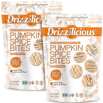 Drizzilicious Mini Flavored Rice Cakes - Rice Crisps, Healthy Snack for Adults and Kids, Vegan, Gluten Free Snack, Only 90 Calories Per 21 Pieces - Pumpkin Spice - 4 oz Pack of 2