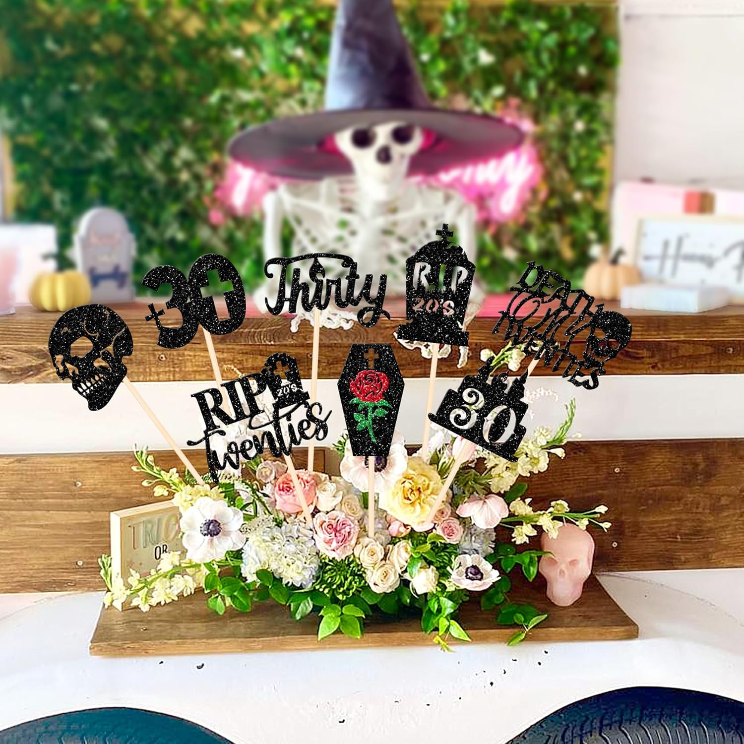 16 PCS Death to My 20s Centerpiece Sticks Glitter Death to My Twenties Funeral Table Flower Centerpieces Sticks for Rip to My 20s Youth 30th Birthday Party Floral Centerpiece Decorations Supplies