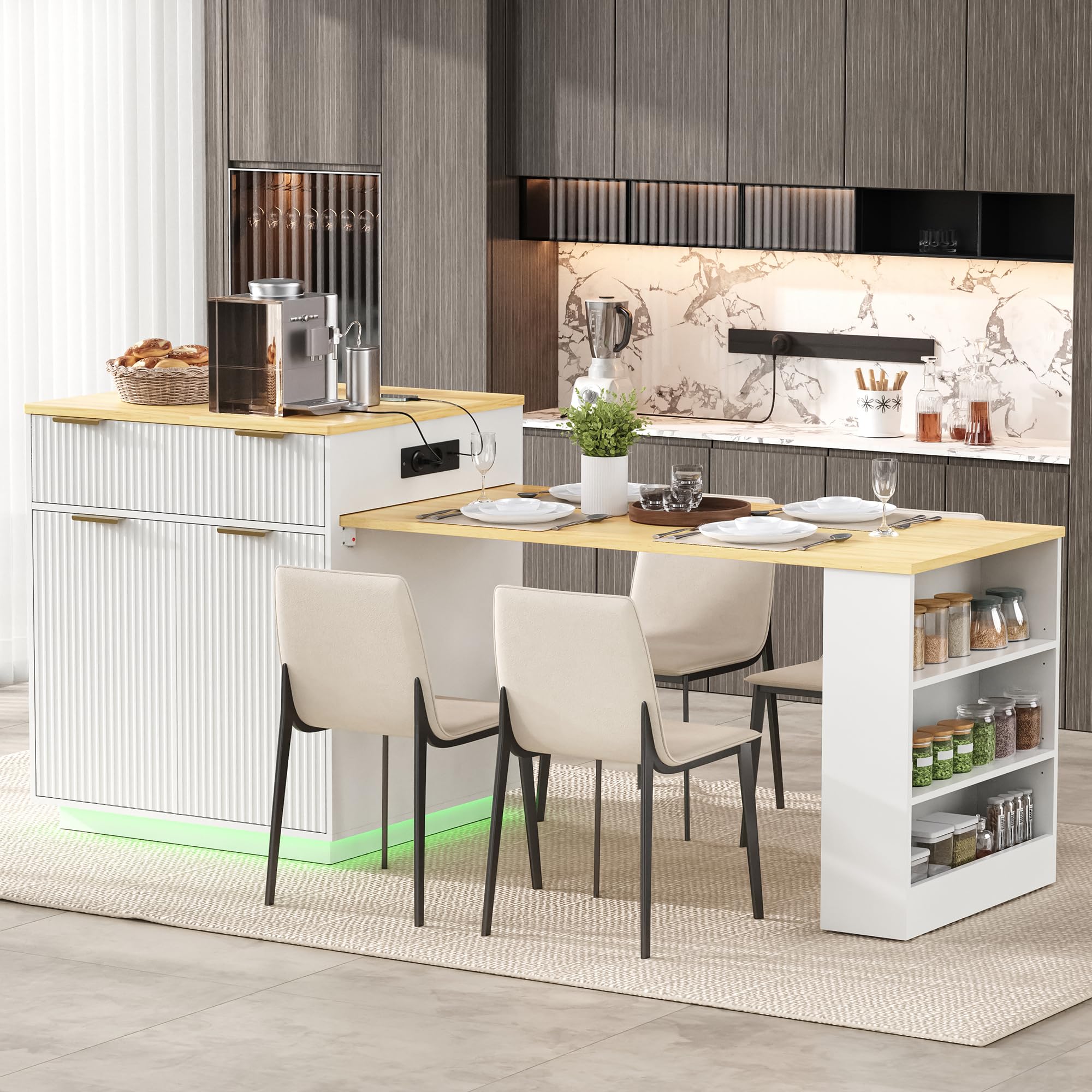 Isla de cocina con ruedas, mesa de comedor extensible, estantes ajustables, mesa de cocina con cajones, sirve como cocina y comedor (blanco)