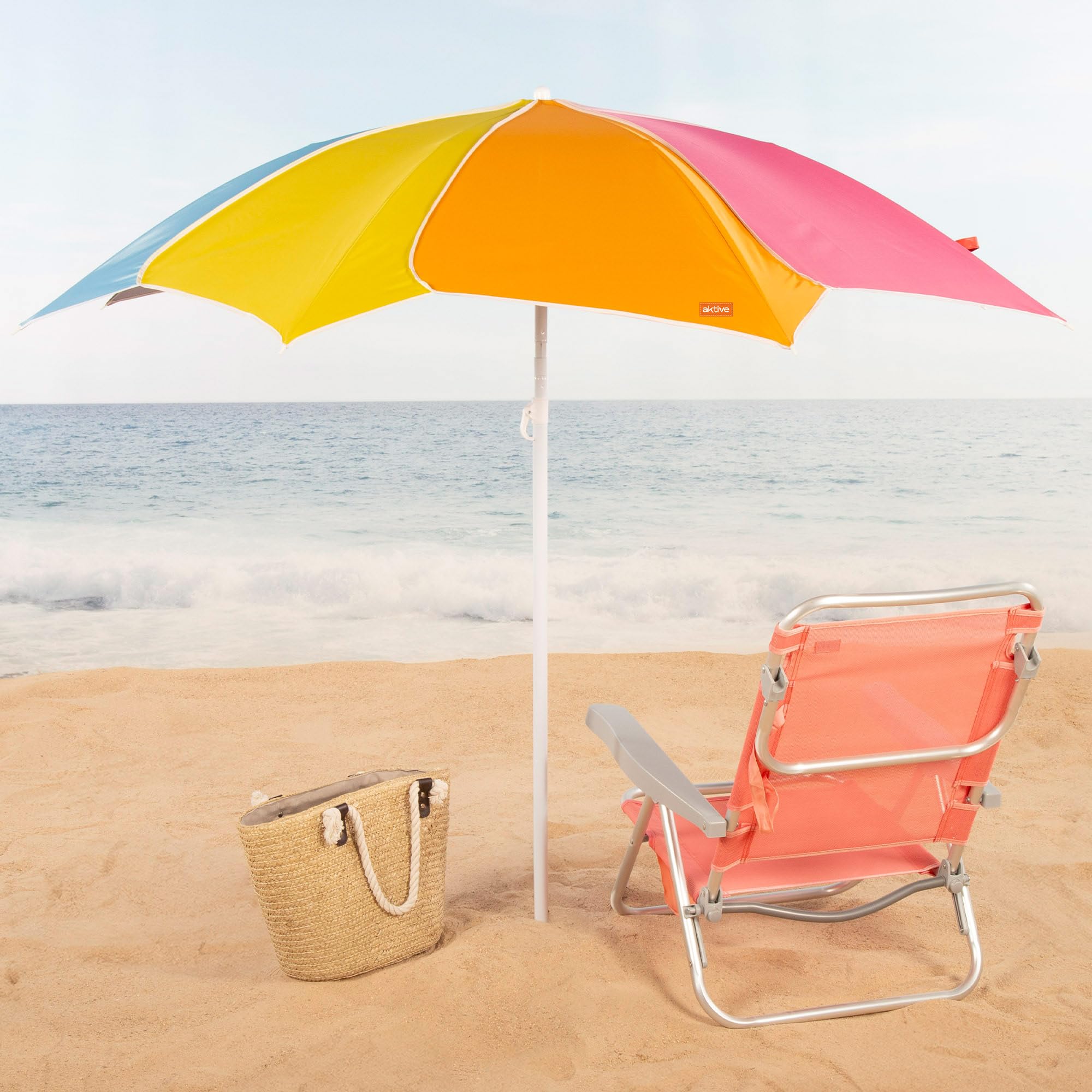 AKTIVE Beach 62525 Parasol de plage inclinable, diamètre 200 cm, design multicolore, protection UV50, matériau Oxford, avec 8 baleines, pour extérieur, jardin, terrasse