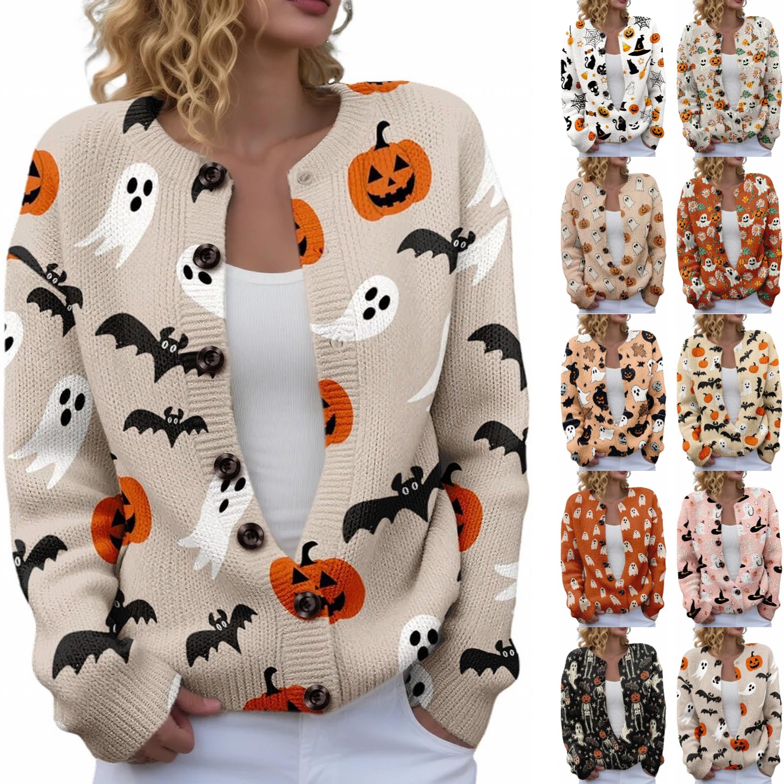Womens Halloween Cardigan Sweaters Fall Winter Button Knit Cardigan Funny Cute Ghost Skeleton Pumpkin Sweater