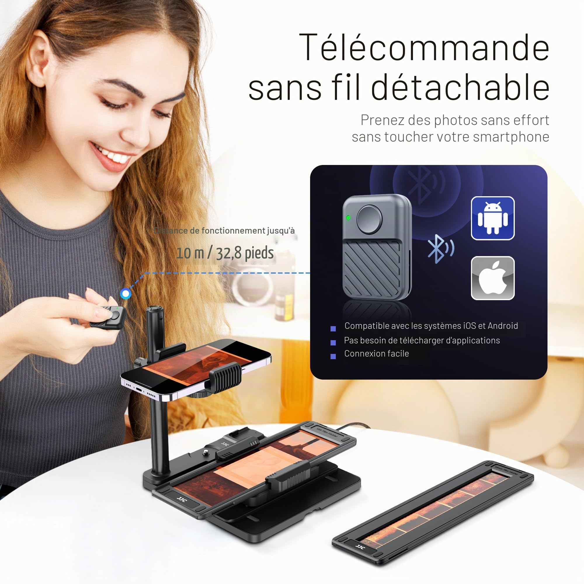 JJC Adaptateur de Numérisation Mobile pour Diapositives Photo, Copie Négative et Visionneuse de Film avec Panneau Lumineux et Support 35 mm
