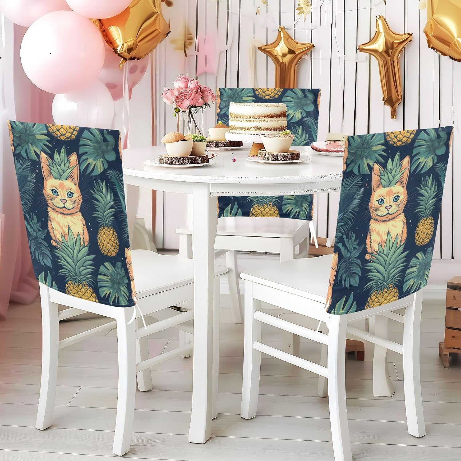 ALAZA Cute Pineapples Cats Chair Back Cover Set of 6, Washable Reusable Removable Chair Slipcovers Decorative Chair Cover for Home Kitchen Wedding Party