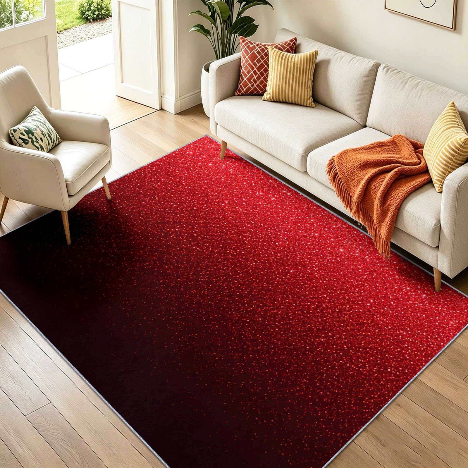 Tapis Lavable Orné Dégradé Étincelant Ciel Étoilé 140 x 200 cm, Tapis Doux Poils Ras Antidérapant Rouge Abstrait Modernepour Salon Chambre