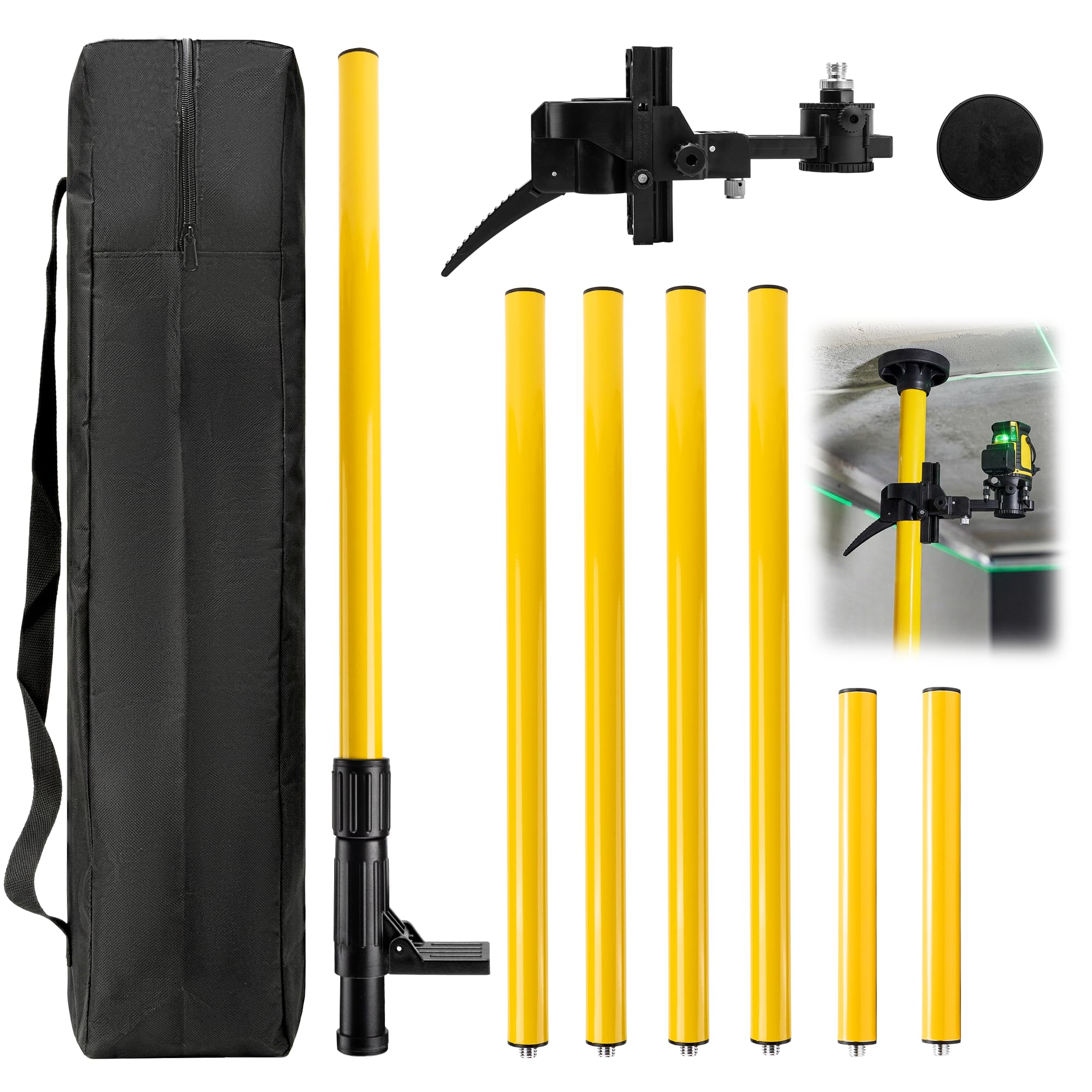 Barra Telescópica para Nivel Láser 4.2m Poste Láser de Piso a Techo Soporte Láser Ajustable con Rosca 1/4"-20, incluye Adaptador de 5/8"-11, Puntal Telescopico Extensible Hasta al Techo