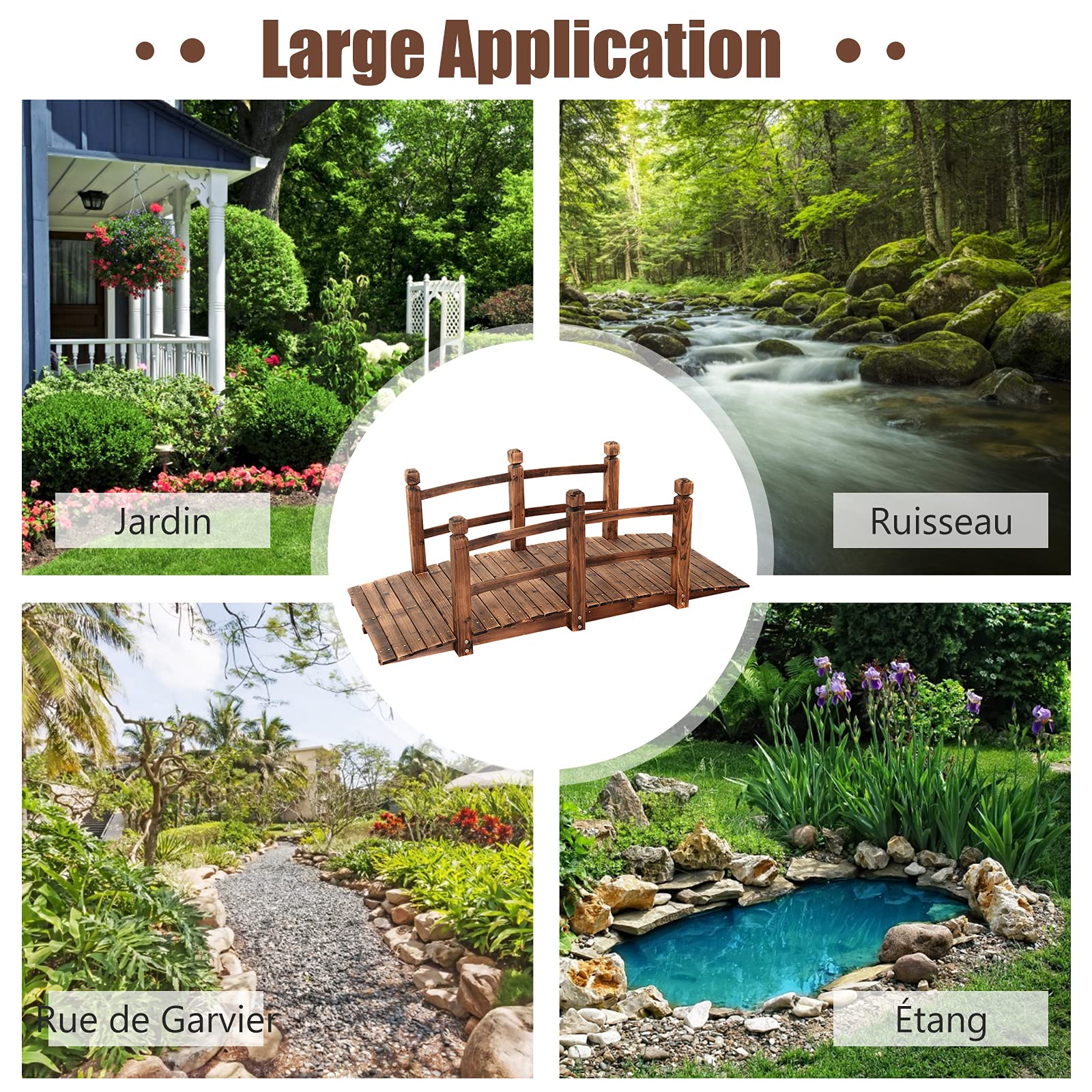 GOPLUS Pont en Bois Rustique et Massif avec Main Courante, Décoration de Jardin Pont d'Étang, Supporte de Poids Maximum 100 KG, 150 x 67 x 55CM (Brun)