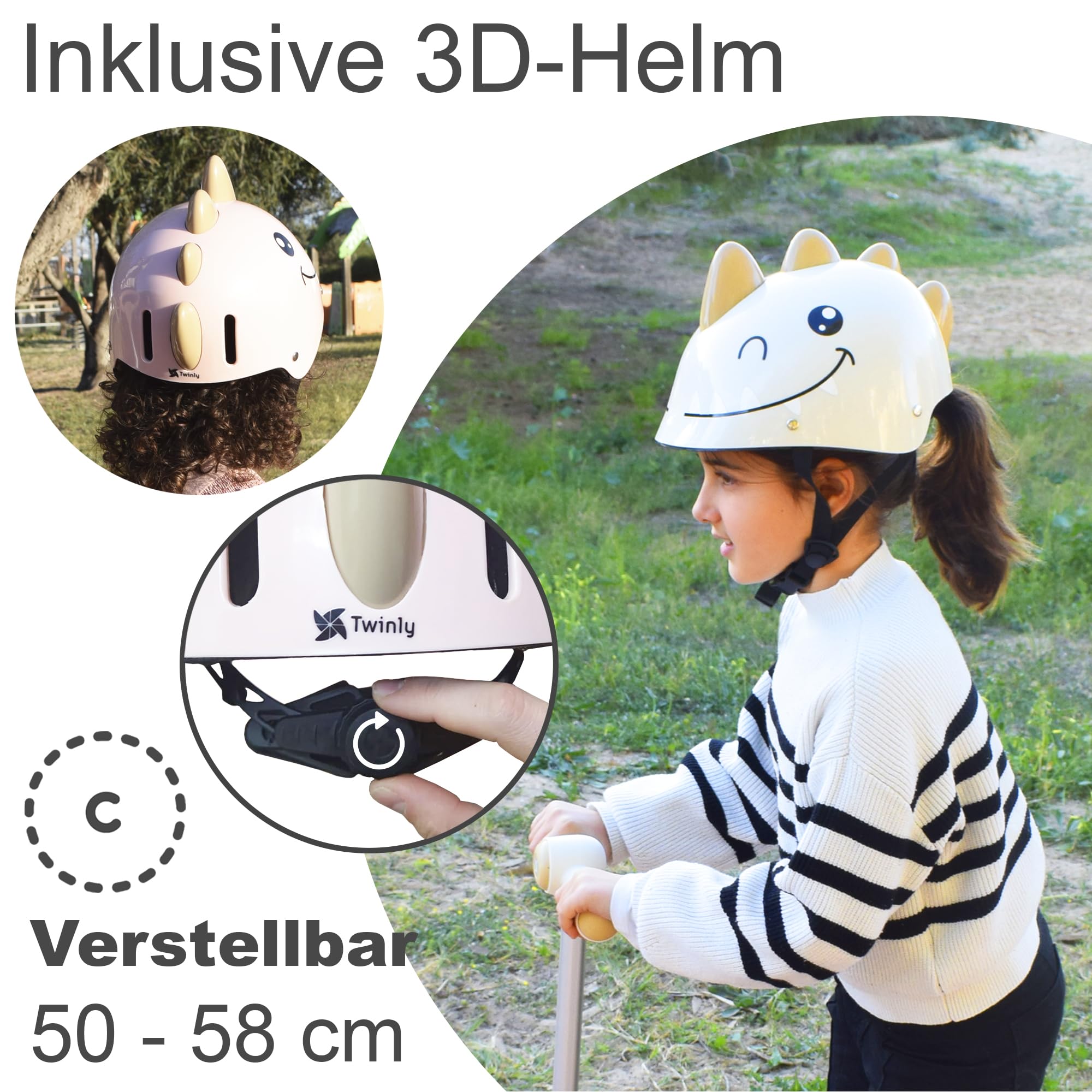 Twinly Dinly Kinderroller 3 in 1 mit Sitz, Helm & LED-Rädern, Weiß | Klappbar, Elternlenkstange, Bis 30 kg