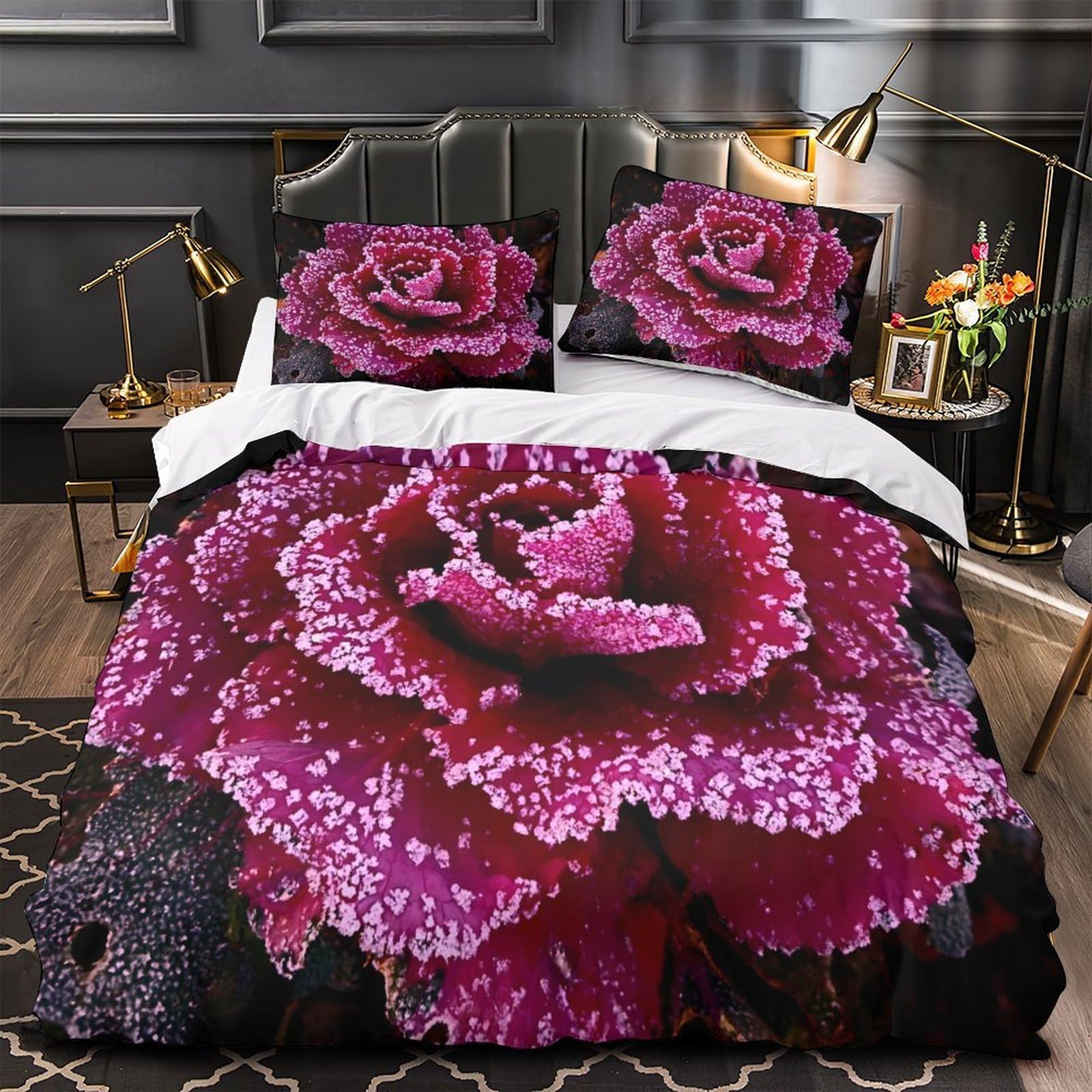 Housse de couette rose givrée 135x200 anti-acarien avec fermeture éclair pour lit 1 place