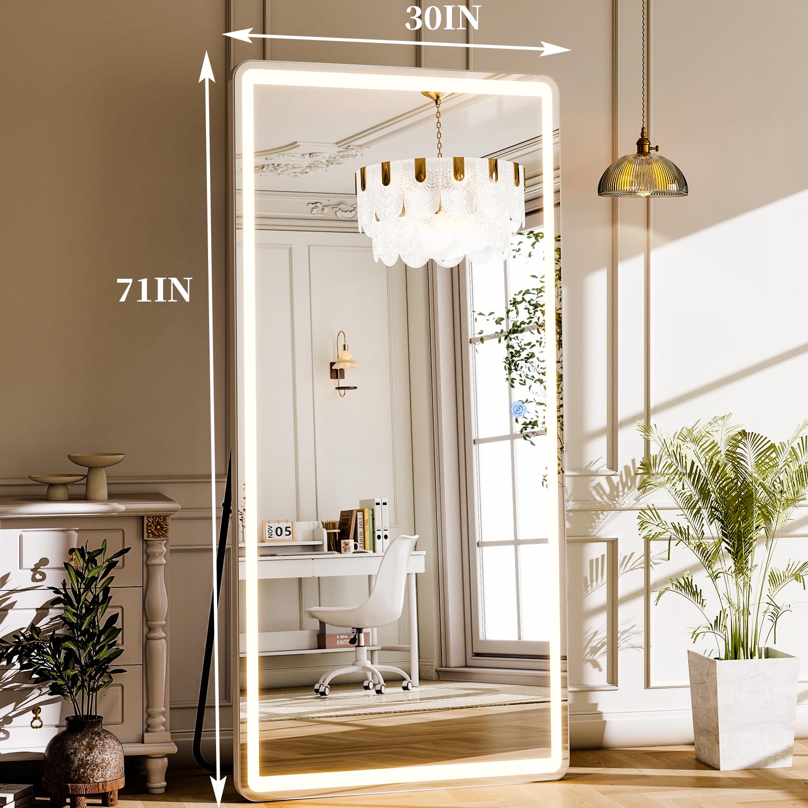 GLSLAND 20"x56" Arched LED Full Length Mirror with Lights – Wall Mounted or Standing Full Body Mirror for Bedroom/Cloakroom – Dimmable with 3 Color Lighting Modes