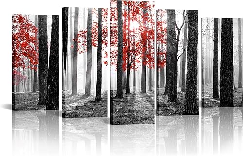 Kalormore 5 piezas de árbol rojo en negro y blanco con niebla de bosque de sol, arte de pared, paisaje, naturaleza, paisaje, pintura, impresiones