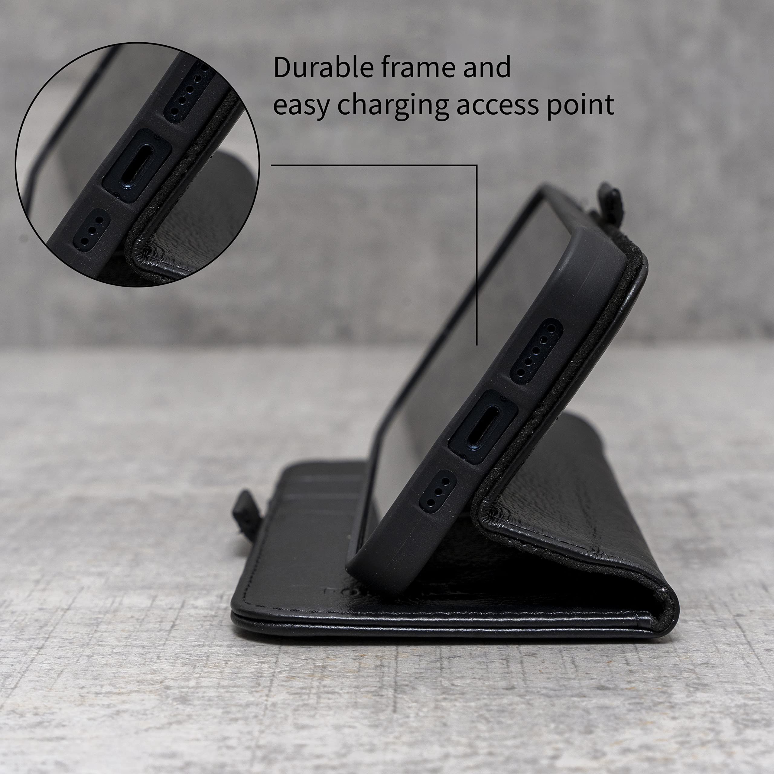 Porter Riley Skórzane etui na iPhone'a 15 Pro Max. Wysokiej jakości prawdziwa skórzana podstawka/pokrowiec/portfel / etui z klapką z przegródkami na karty i poziomym stojakiem (czysta czerń)