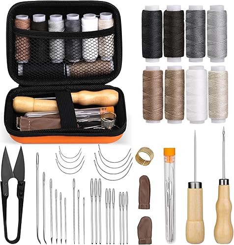 Kit de costura de cuero de 40 piezas, kit de reparación de tapicería, kit de trabajo de cuero con 8 hilos de tapicería, agujas de coser, kit de