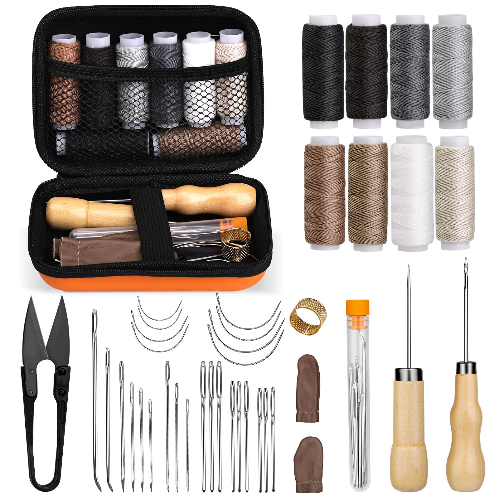 40 Pcs Upholstery Repair Sewing Kit, Leather Heavy Duty Sewing Kit, Leather Working Kit with 8 Upholstery Thread, Sewing Upholstery Needles, Needle and Thread Kit for Carseat, Backpack, Shoes
