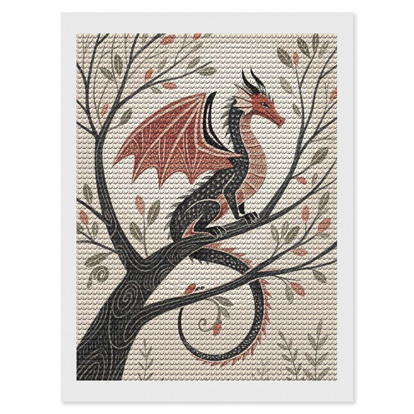 Junmoney Dragon Perched on A Tree Branch Round Drill Diamond Painting 12"x16", Satisfying Creative Project, Complete Accessories, Printed Canvas