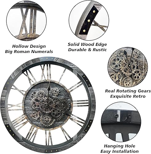 Miniatura 2 de DORBOKER Reloj de pared grande con engranajes móviles reales de 27 pulgadas con cubierta de vidrio templado, reloj de madera gigante de granja,