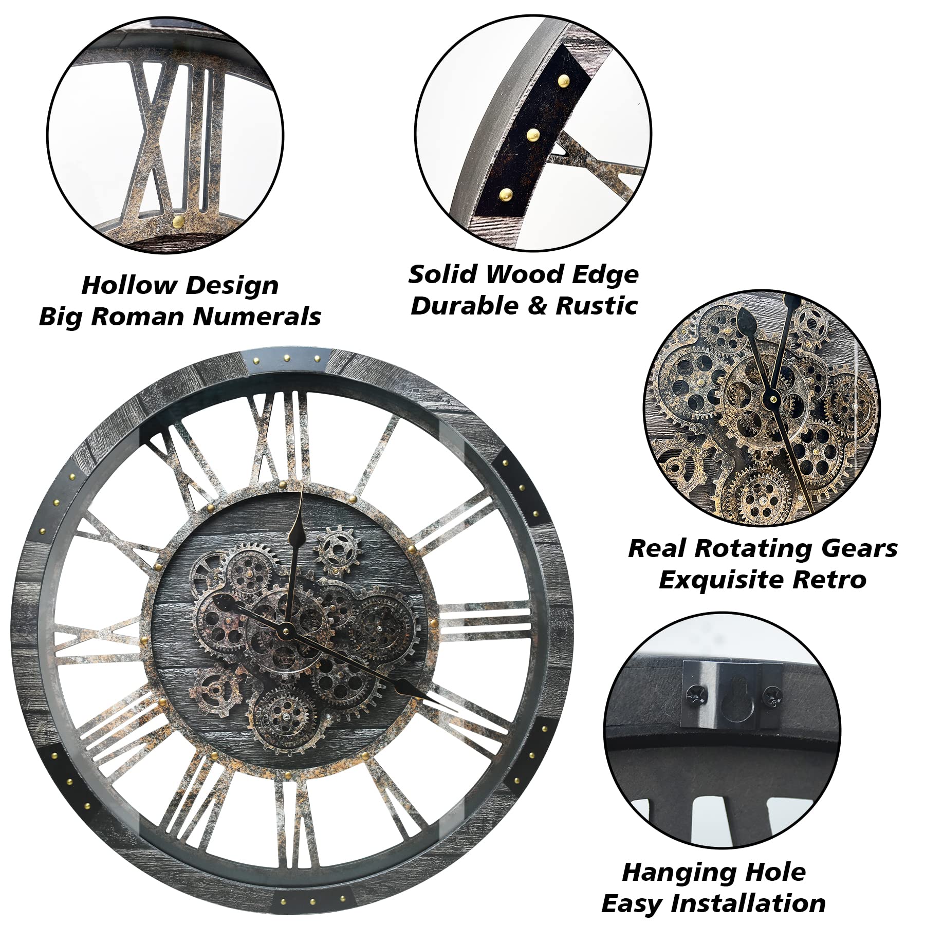 68CM Große Vintage Wanduhr mit Beweglichen Zahnrädern, Retro Holz Gehärtete HD-Glasabdeckung, XXL Antike Steampunk Industriell Wanduhr für Büro Wohnzimmer Bar (Kohlenstoff Grau)