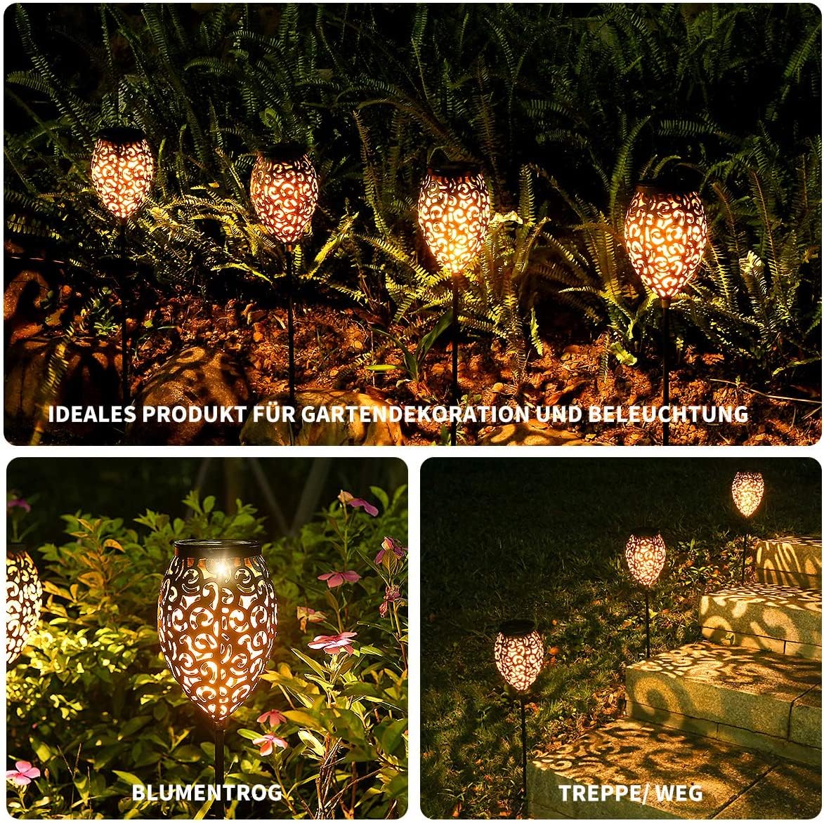 Görvitor Lampade solari per esterni da giardino, 4 pezzi, LED in metallo, per esterni, IP65, impermeabili, orientali, da giardino, a energia solare, luce bianca calda, con picchetto, decorazione da