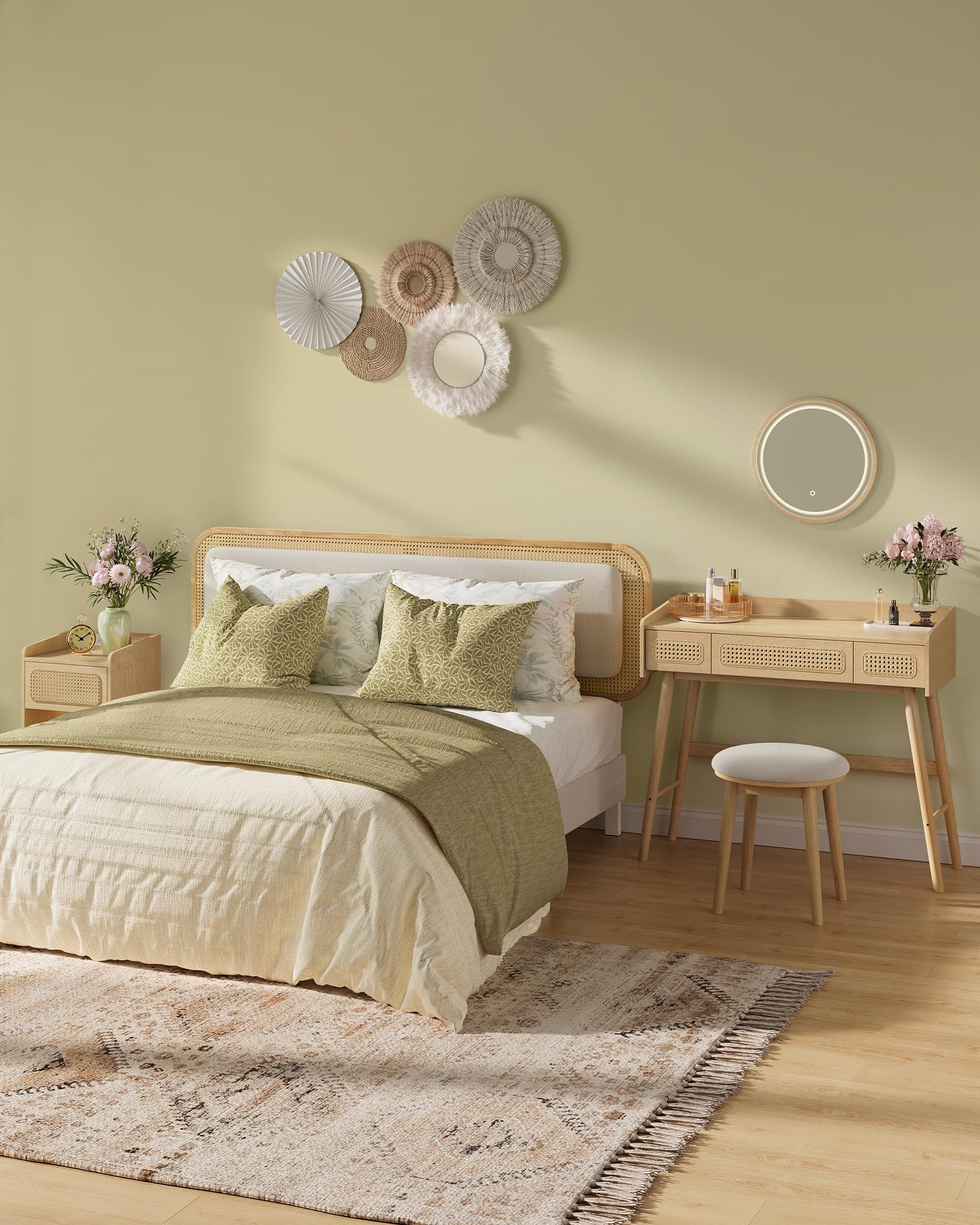 SONGMICS HOME Kolekcja BOHOVEN – Hoker do toaletki, Tapicerowany hoker do toaletki, Nogi z litego drewna, Okrągły hoker, Podnóżek, Antypoślizgowe podkładki, Kremowo-biały i dębowo-beżowy RDS007Y01