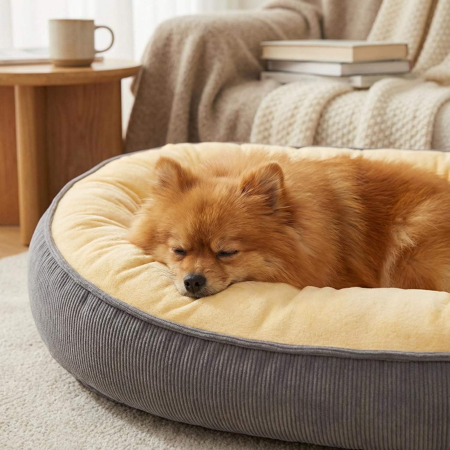 Calming Dog Bed for Medium to Large Dogs 30"x20" - Orthopedic Washable Pet Bed with Anti-Slip Bottom, Indoor Soft Cat Bed with Removable Cover (Beige)