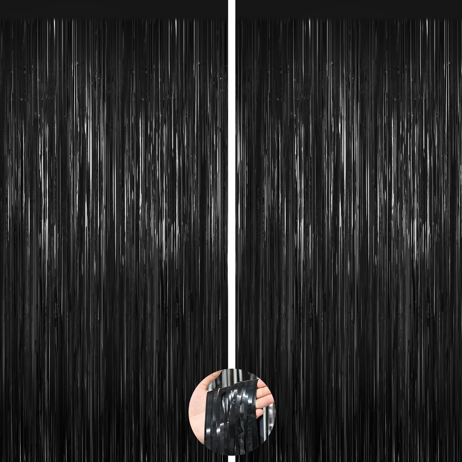 2Pack Black Foil Curtain Backdrop Metallic Tinsel Streamer for Party Decors