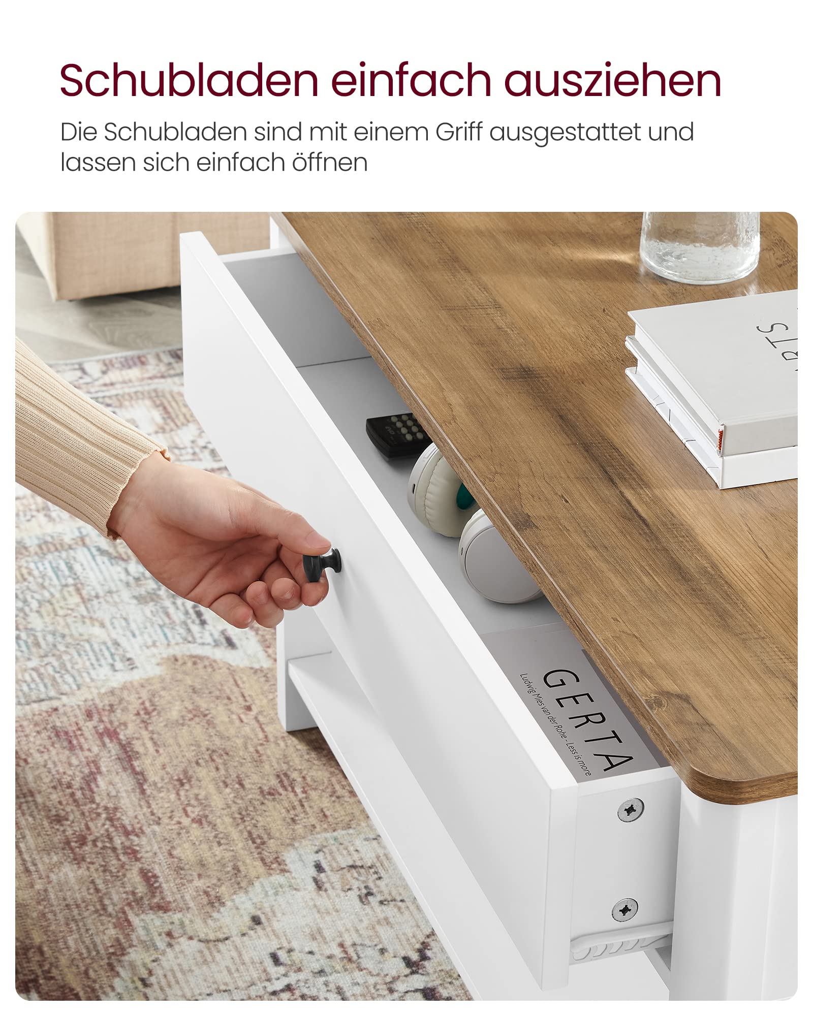 VASAGLE Couchtisch, Wohnzimmertisch, Sofatisch, 2 große Schubladen, mit Beinen, viel Stauraum, maritimer Stil, 80 x 80 x 45 cm, für Wohnzimmer, walnussbraun-weiß LCT207T14