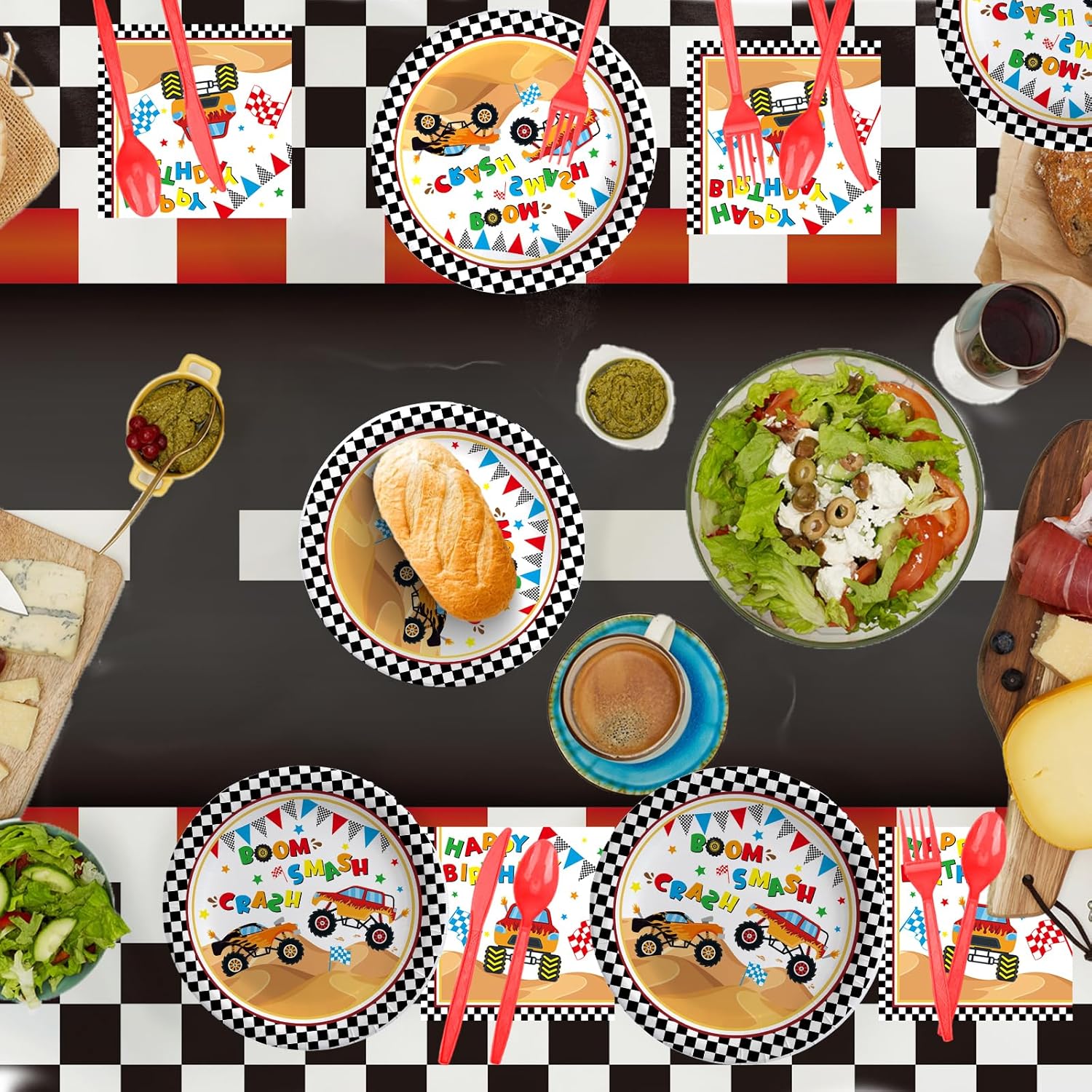 Monster Truck Birthday Decorations, Maudundon Monster Truck Plates [300 GSM], Machines Jam Party Decoration, Checkered Table Cloth, Truck Balloons, 4th Birthday Decorations Boy, Serves 24