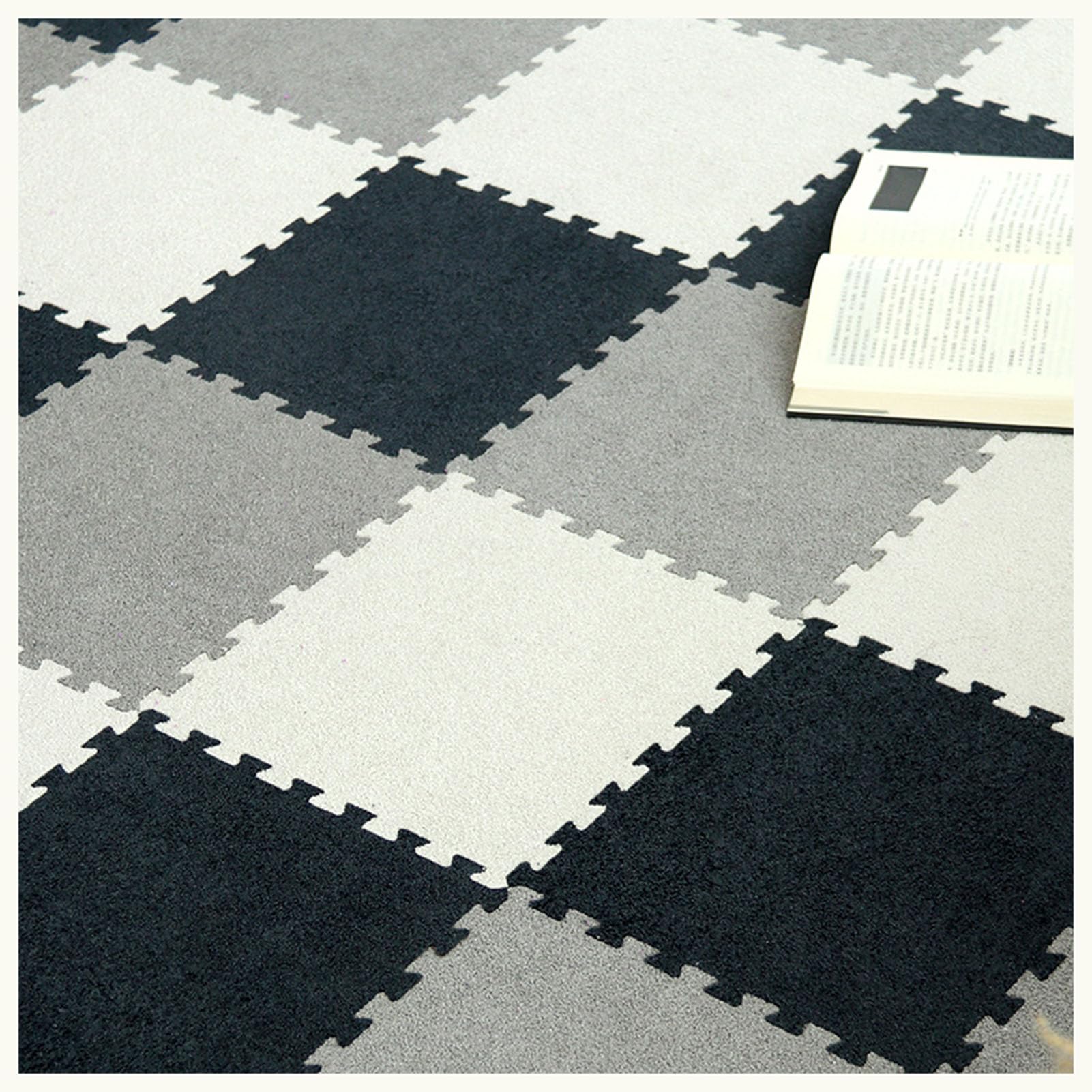 Mata do układania puzzli Mata podłogowa z pianki, puzzle, łączone płytki dywanowe obramowaniem, opakowanie 10 sztuk wielokolorowe 30 x cm(White+gray+black,0.6cm)