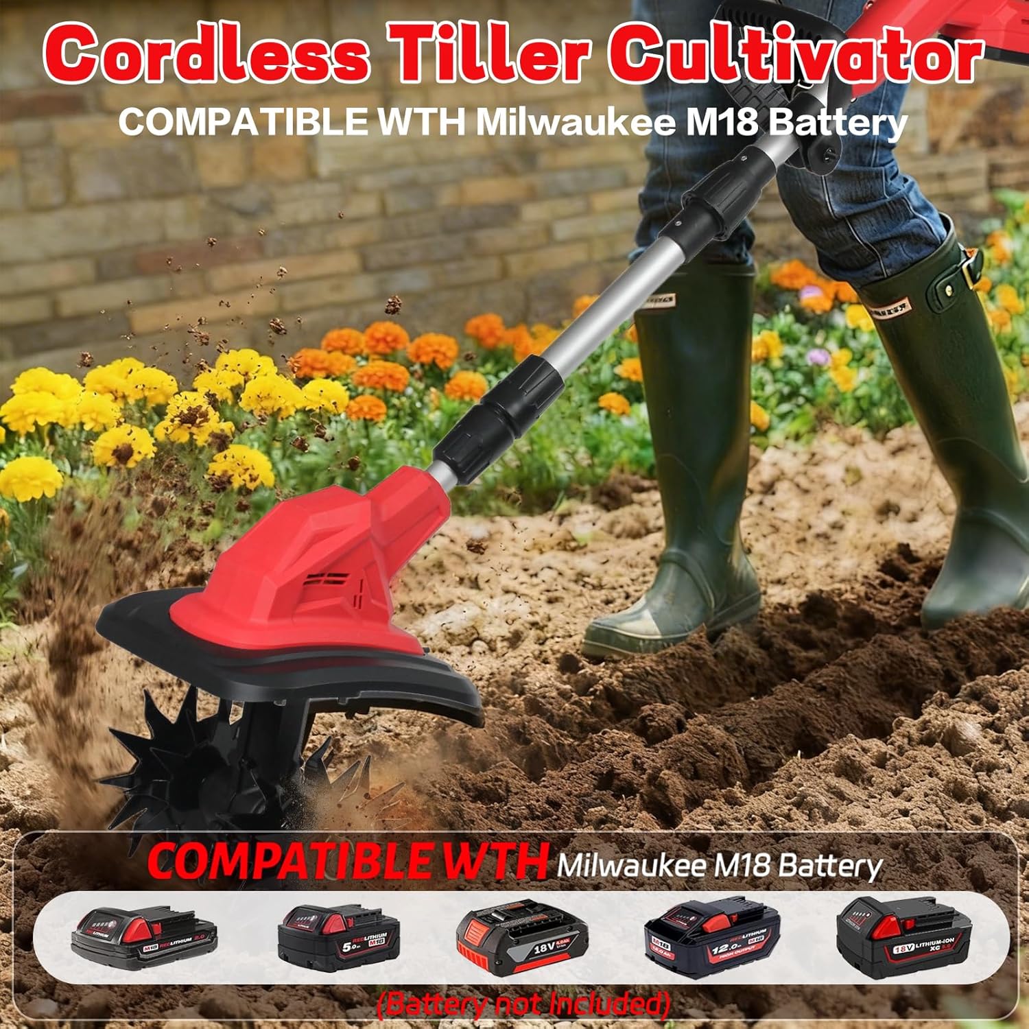 Cordless Tiller Cultivator Compatible with Milwaukee M18 18V Battery, 360RPM Battery Powered Electric Garden Tiller Cultivator 8" Tilling Width & 6" Depth for Lawn/Garden/Soil Cultivation(Tool Only)