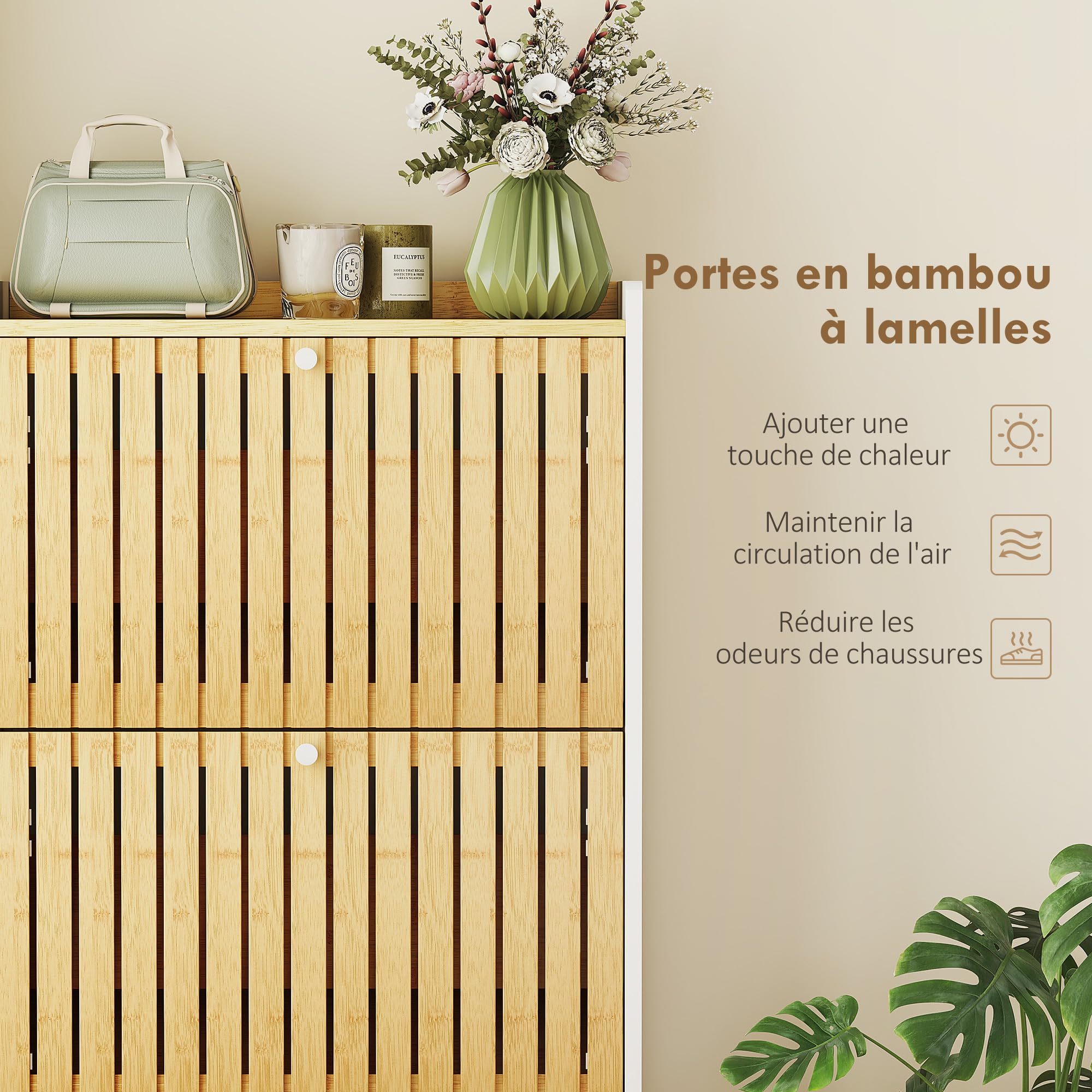 HOMCOM Meuble à Chaussures 18 Paires, 60x24x118cm Blanc et Bois Naturel