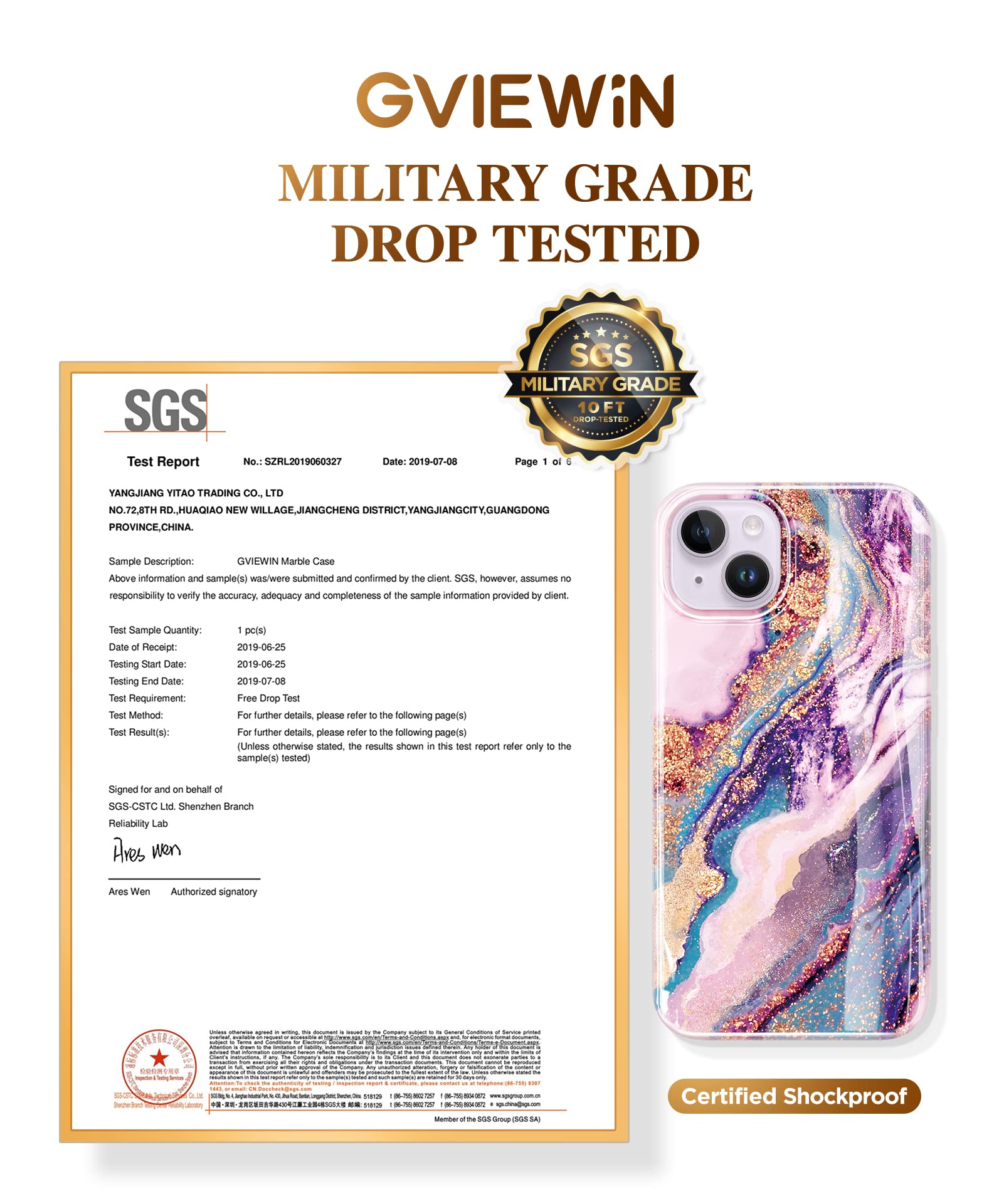 GVIEWIN Cover IPhone 13 Pro 6.1'' – Custodia Protettiva Antiurto Grado Militare, Design Effetto Marmo Sabbia/Marrone, Supporto Ricarica Wireless
