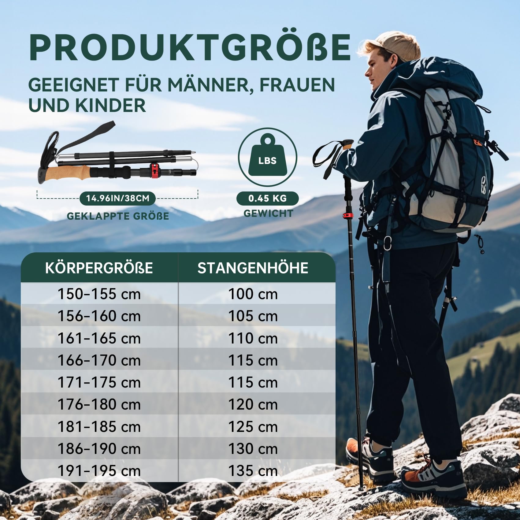 Faltbare Carbon Trekkingstöcke 2 Stück, Leichte Wanderstöcke, Jeder 237 g | Nordic Walking Stöcke,Verstellbare Handschlaufe,Anti-Schock, Ergonomische Griffe,4 Zubehör, für Damen Herren Rucksackreisen