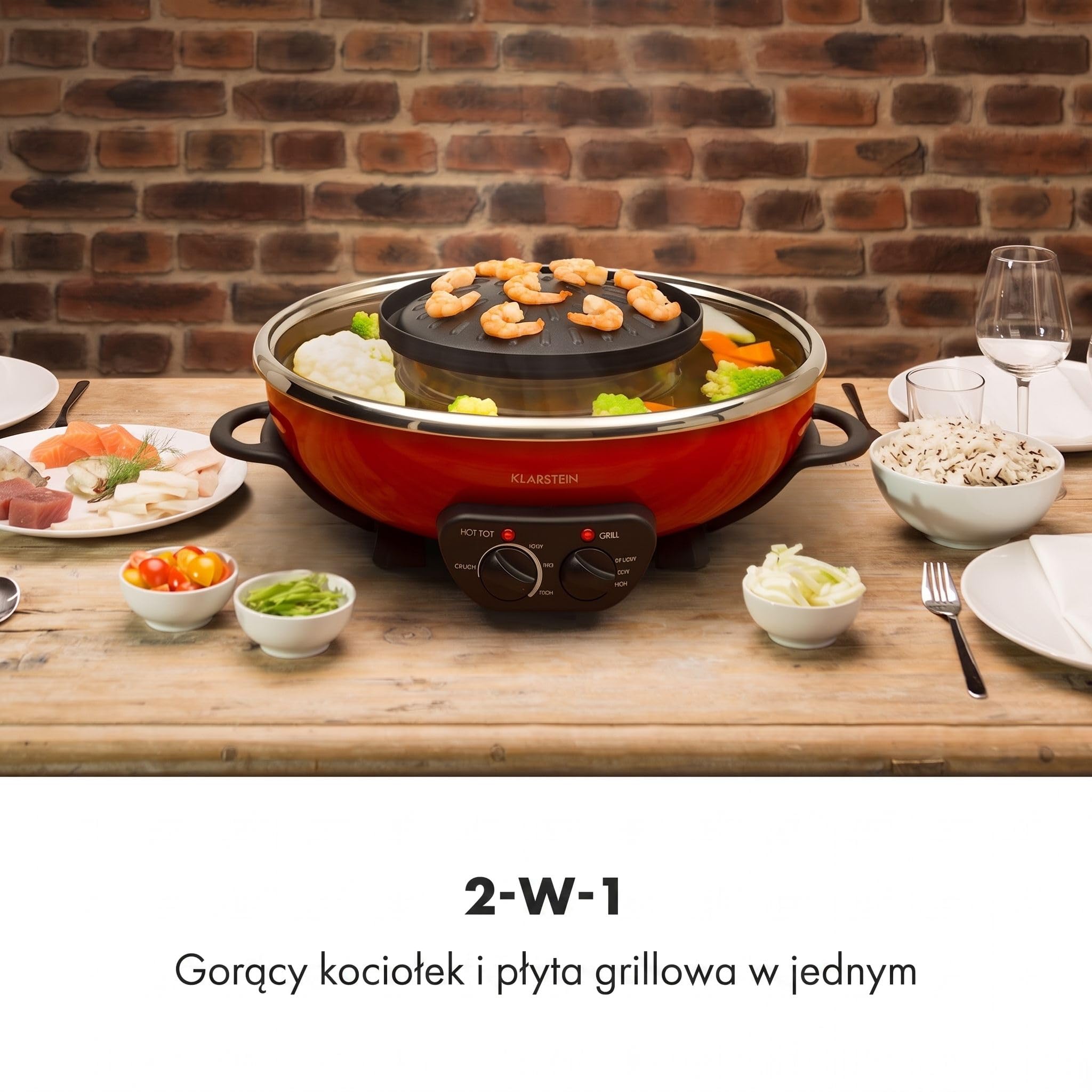 Klarstein Szechuan - Hot Pot i płyta grillowa, Garnek Hot Pot: 5 litrów, Grill 1350 W / 38 cm Ø, Płyta grillowa: 600 W / 22 cm Ø, Element grzejny z aluminium, czerwony