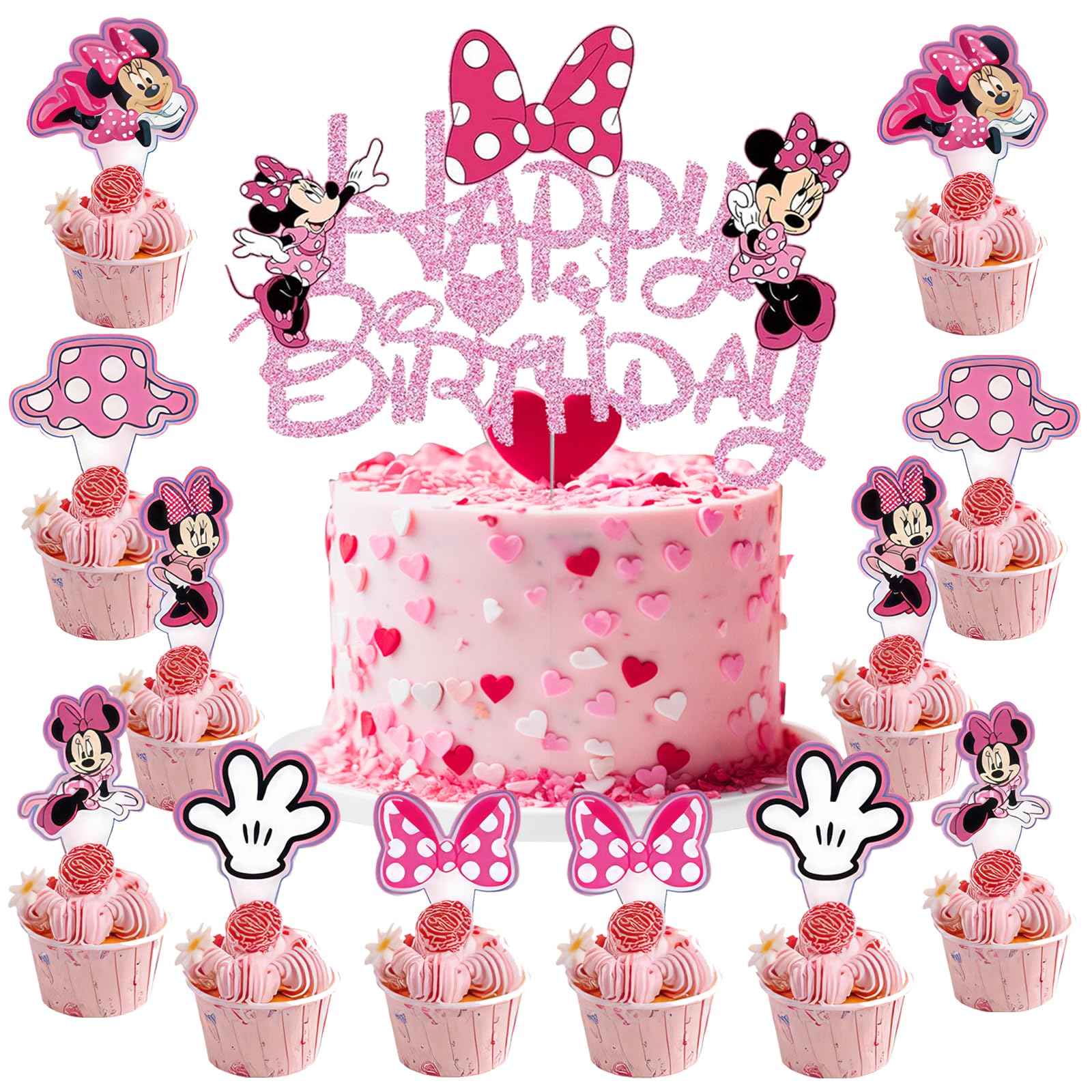 Happy Birthday Kuchenaufsatz – Rosa, Glitzernd, Mit Katzen-Cartoon, Inkl. Cupcake-Deko