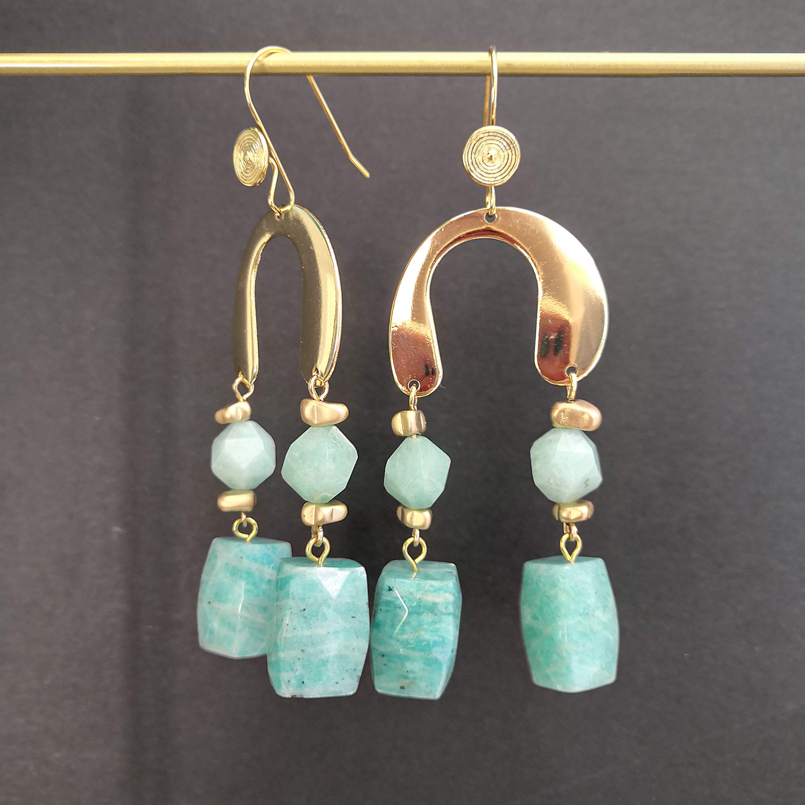 Colección de Navidad 2020 - Serie"Still Golden and Then Some" - Pendiente de amazonita facetada súper grande de 17 mm hecho a mano y pendiente de gota de jade verde facetado de 10 mm