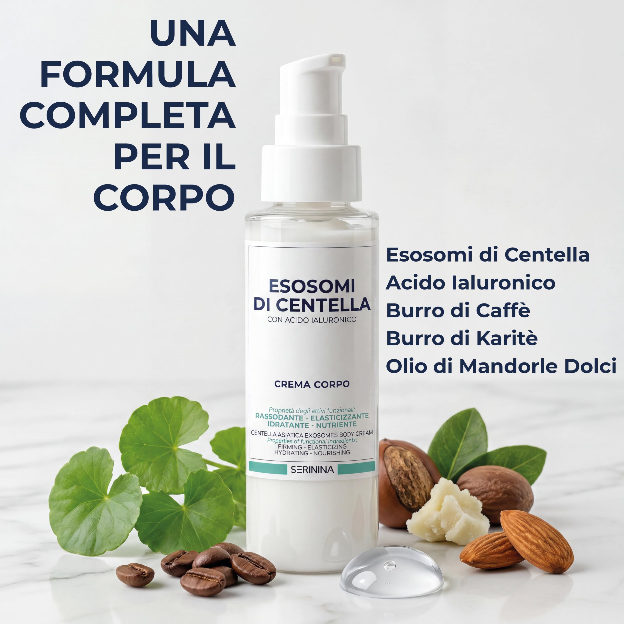 SERININA Crema Corpo agli Esosomi di Centella con Acido Ialuronico - Idratante Nutriente Rassodante - Pelle Tonica Elastica e Vellutata - Anti-Età Biotech K-Beauty - Vegan 92% Naturale - 200 ml