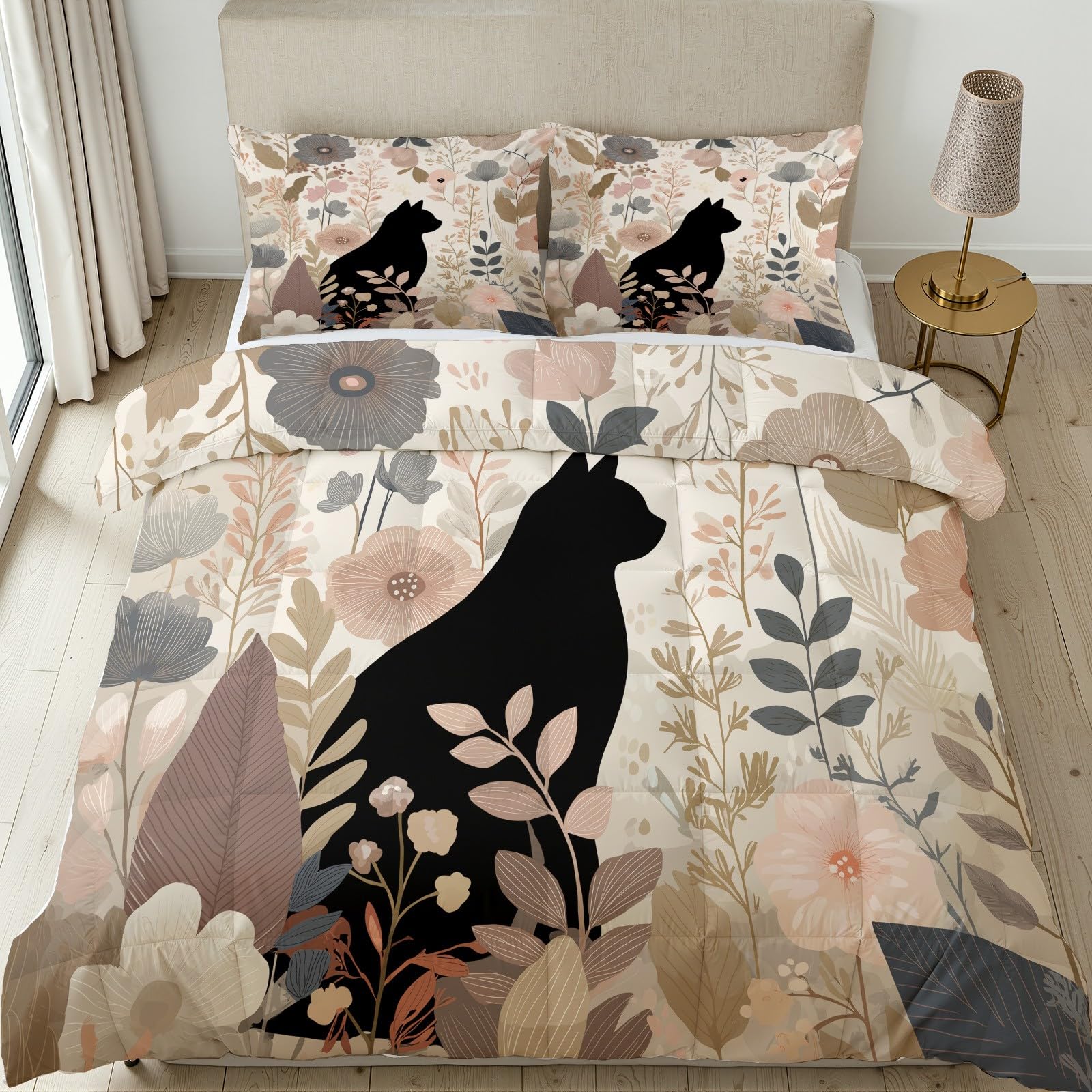 Schwarzes Katze Silhouette Bettwäsche 155x220 cm 3teilig - Pflanzen Blumen Druck Bettdecke Ohne Bezug mit 2 Kissenbezüge 80x80 cm, Waschbare Duvet Wendebettwäsche Bedding mit Reißverschluss