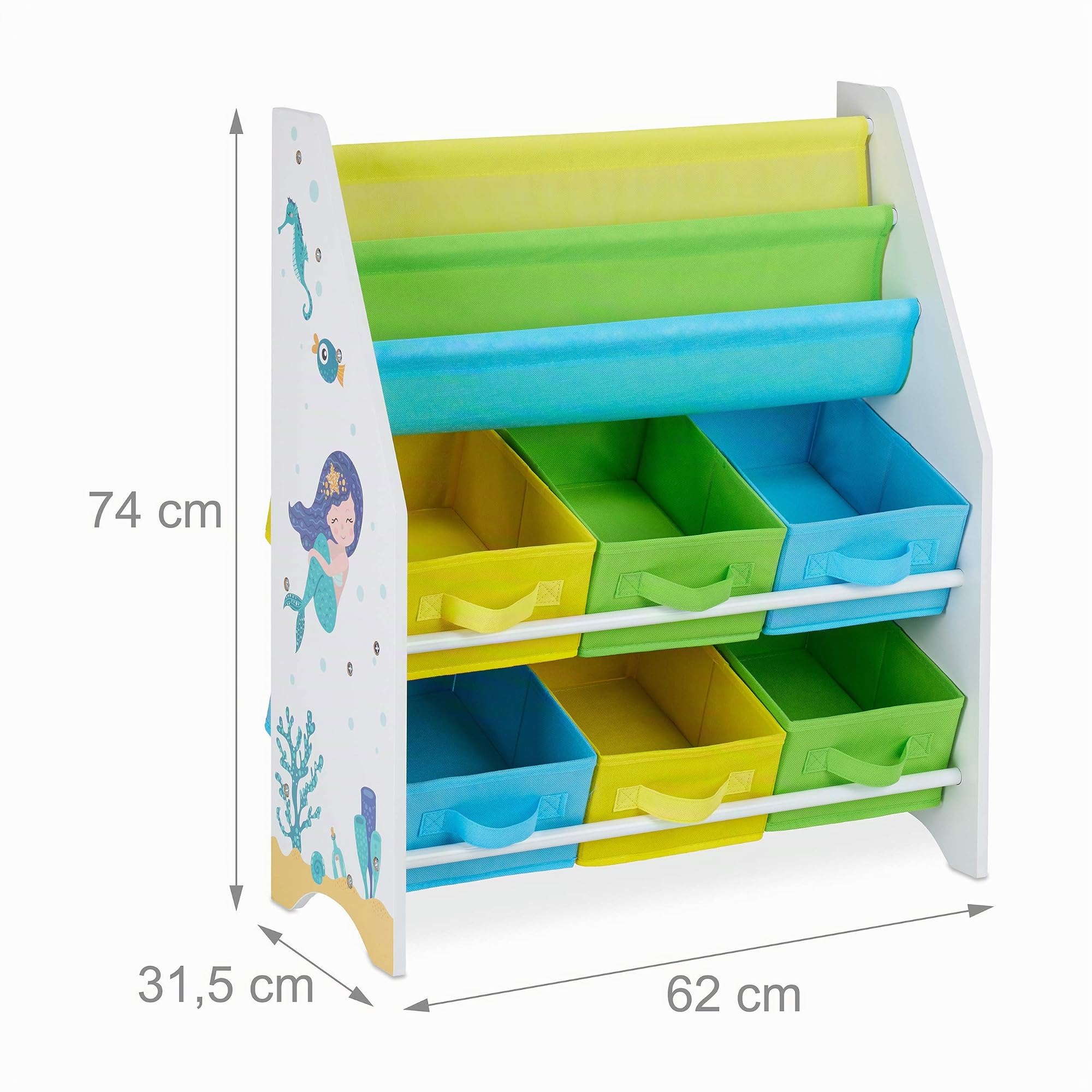 Relaxdays Estantería Infantil, 6 Cajas y 2 Baldas Tela, Mueble Juguetes, Librería Sirenas, 74 x 62 x 31,5 cm, Multicolor