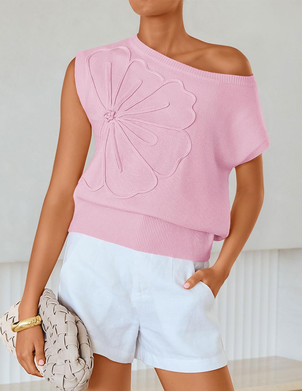 ZESICA Women's Summer Short Sleeve Sweater Vest 2026 Spring Off Shoulder Floral Knit Loose Tops Trendy Cute Clothes - Image 3