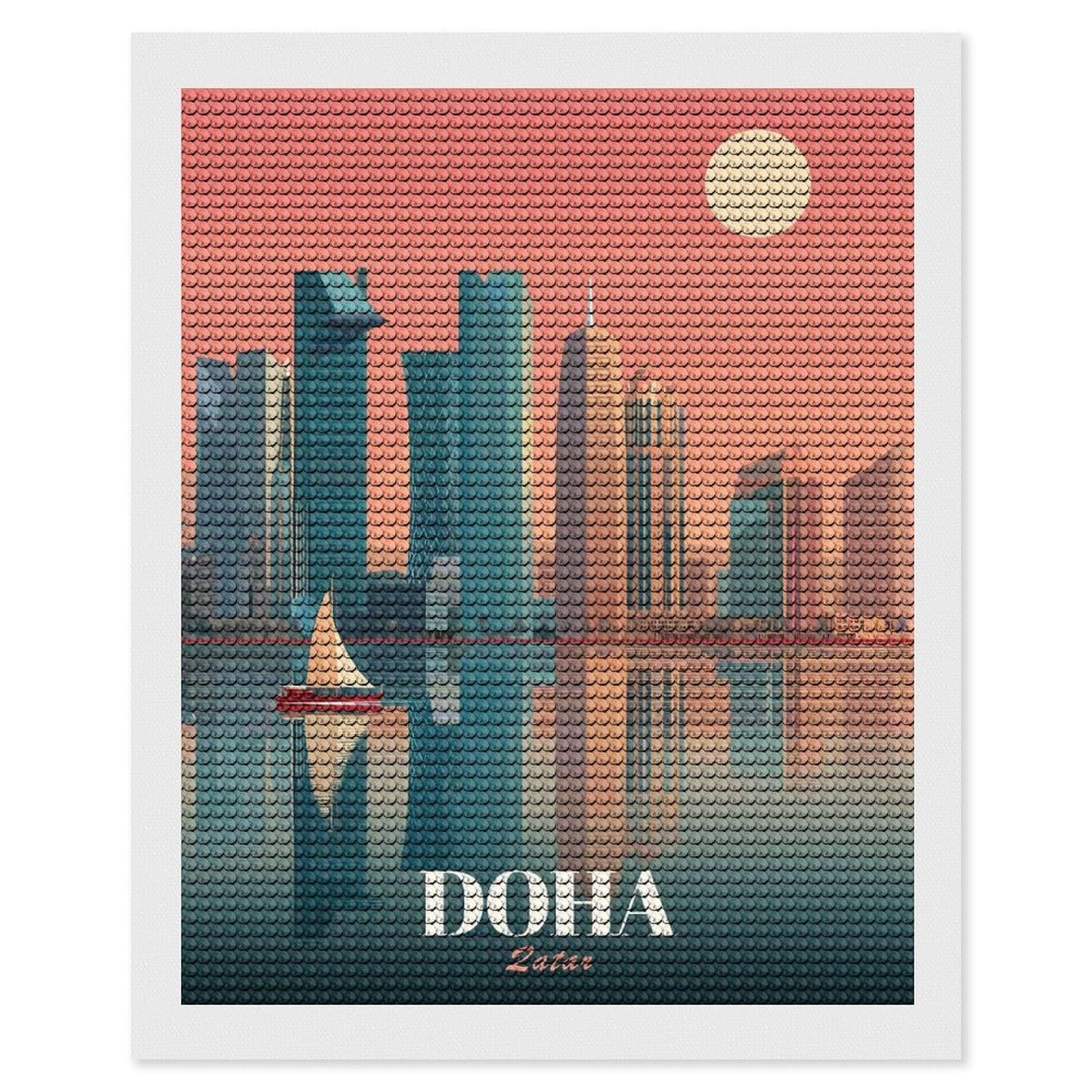 Junmoney Doha Qatar Skyline Illustration DIY Diamond Art Canvas Kit 16"x20", Decorate Your Room, Sparkling Round Gems, Fun Craft Experience, Farmhouse Decor