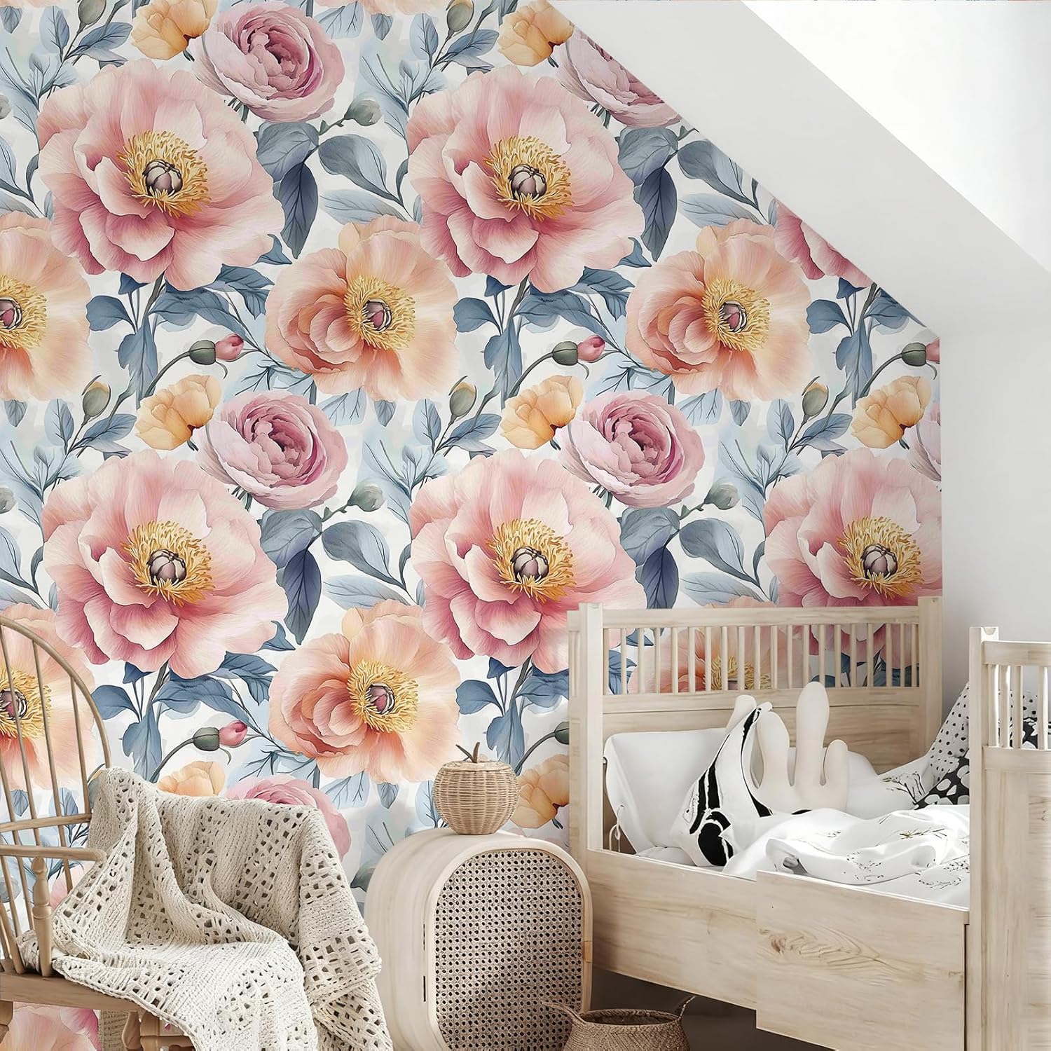 Watercolor Peony Floral Wallpaper Peel and Stick Removable 17.7" x 236.22" Delicate Pink Peach Flower Blue Leaf Wall Paper Self Adhesive for Classroom Bedroom Laundry Room Bathroom