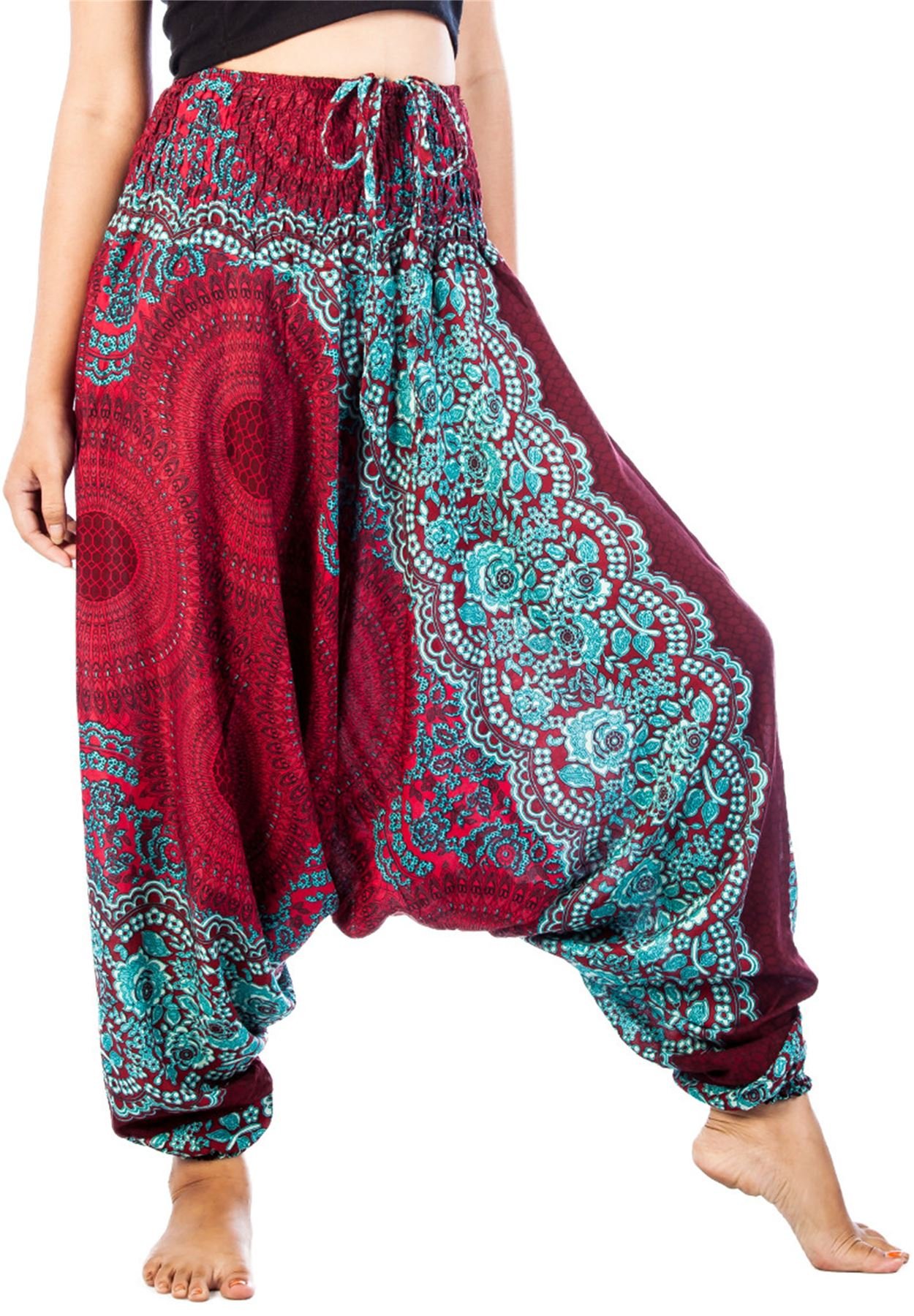Lofbaz Women's Rose 1 Burgundy Rose 1 Smocked Waist 2 In 1 Harem Jumpsuit Pants Burgundy 3XL