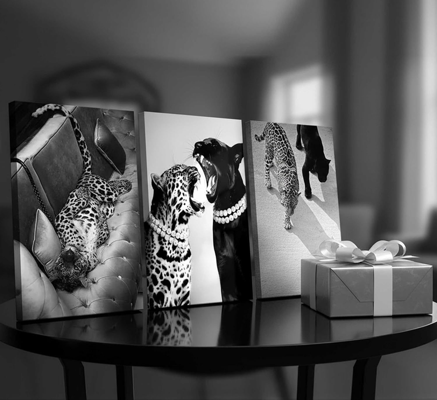 3 Pcs Black and White Cheetah Canvas Wall Art Vintage Trendy Wild Leopard Painting Picture Wall Decor Poster Print Artwork for Bedroom Living Room Apartment Home Decoration (24Lx16W-Canvas)