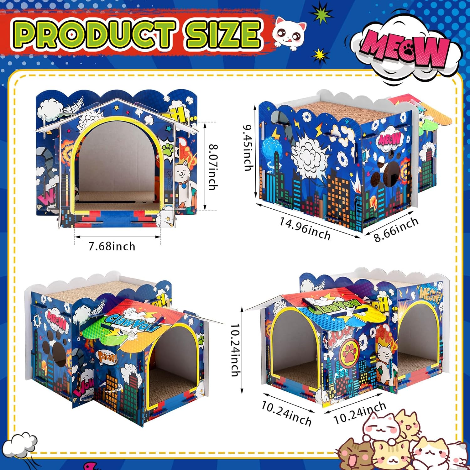 Lineshading 2 Story Cardboard Cat House with Scratcher Pad for Small Kitten,17x12x10 Multi Level Durable Cat Condo & Villa for Bunny Rabbit Small Animals Christmas Birthday Gift(Hero)