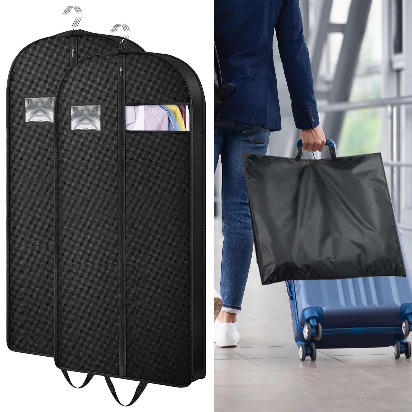 GROOFOO Kleidersack Schwarz,kleidersäcke mit reißverschluss,Staubdicht Anzugtasche mit Klarem Fenster,Kleidersack Reisetasche,Faltbaren Kleiderhülle,für Sakkos Anzug Abendkleider (152x60cm*2)