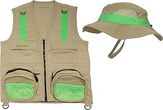 Tan Cargo Vest for Kids with Reflective Safety Straps - 1 Floppy Bucket Hat with Chin Strap - 1 8x21 Power Binoculars with...