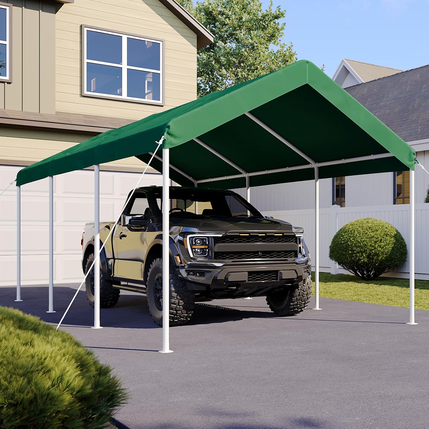 Aoxun 10x20 ft carport sheltering a black pickup truck in a driveway.