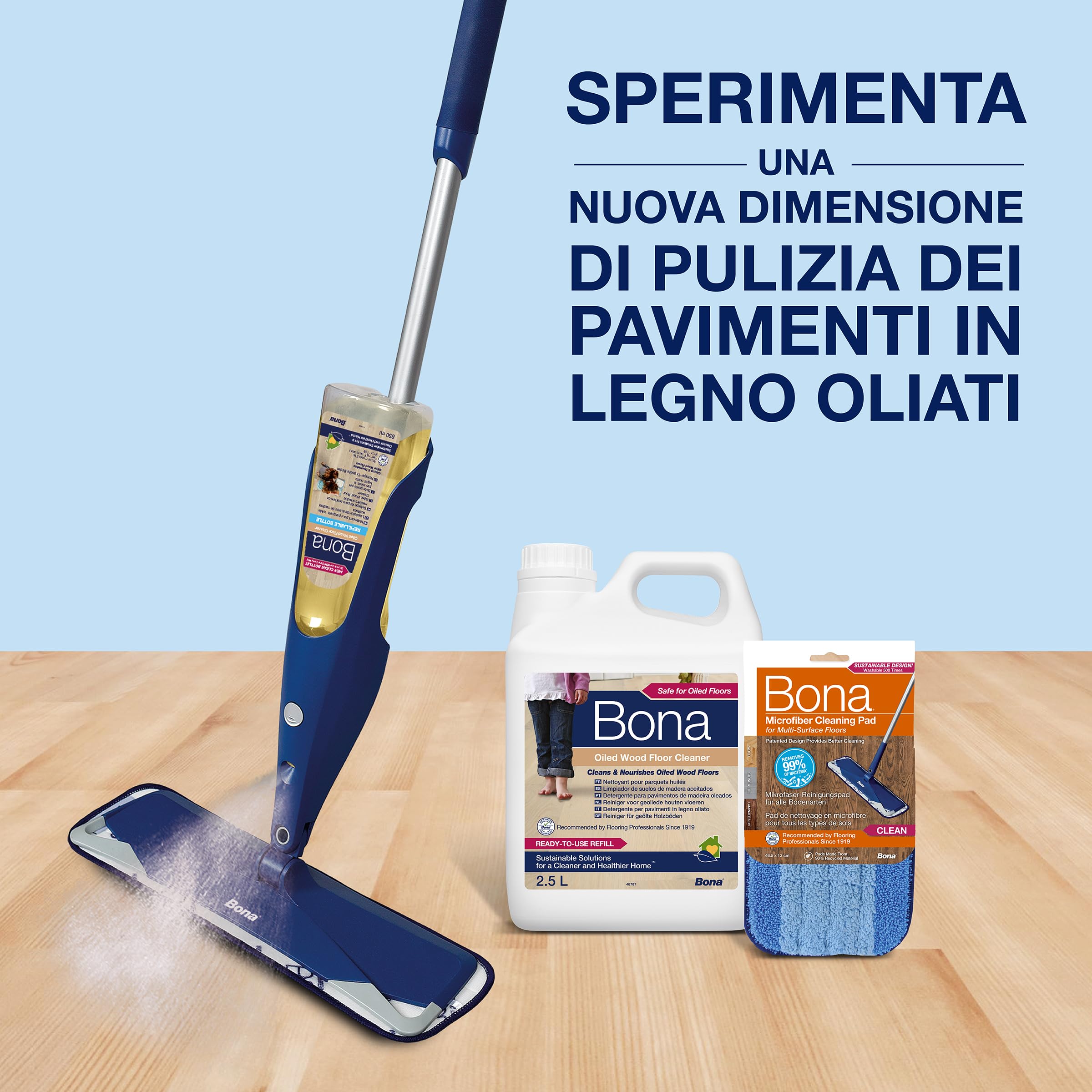Bona spray mop premio pavimenti legno oliati, mocio spray, panno | pulisce e nutre il legno, cuscinetto pulizia microfibra extra, spruzzare
